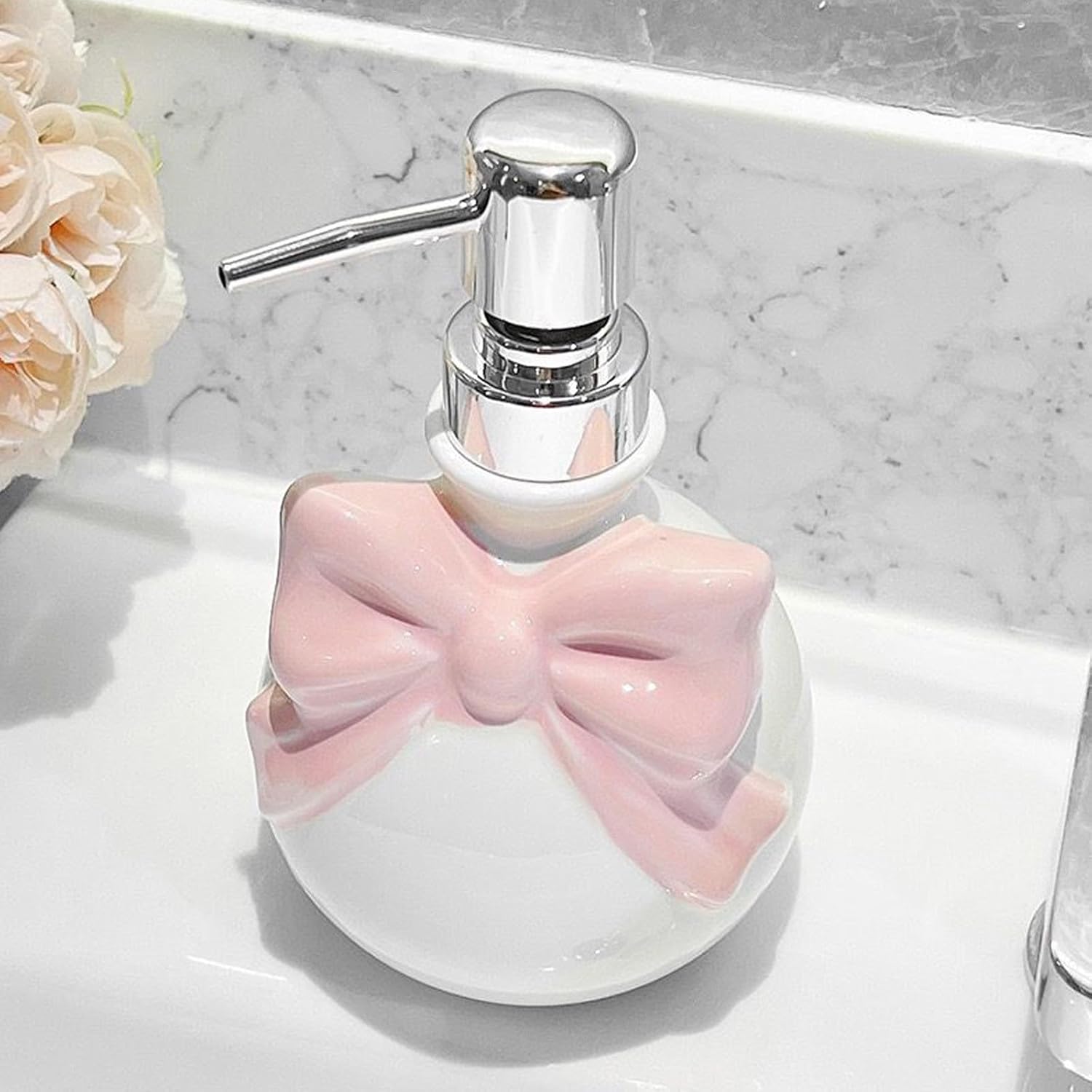 Ceramic Soap Dispenser with Bow 12oz Refillable for Kitchen and Bathroom