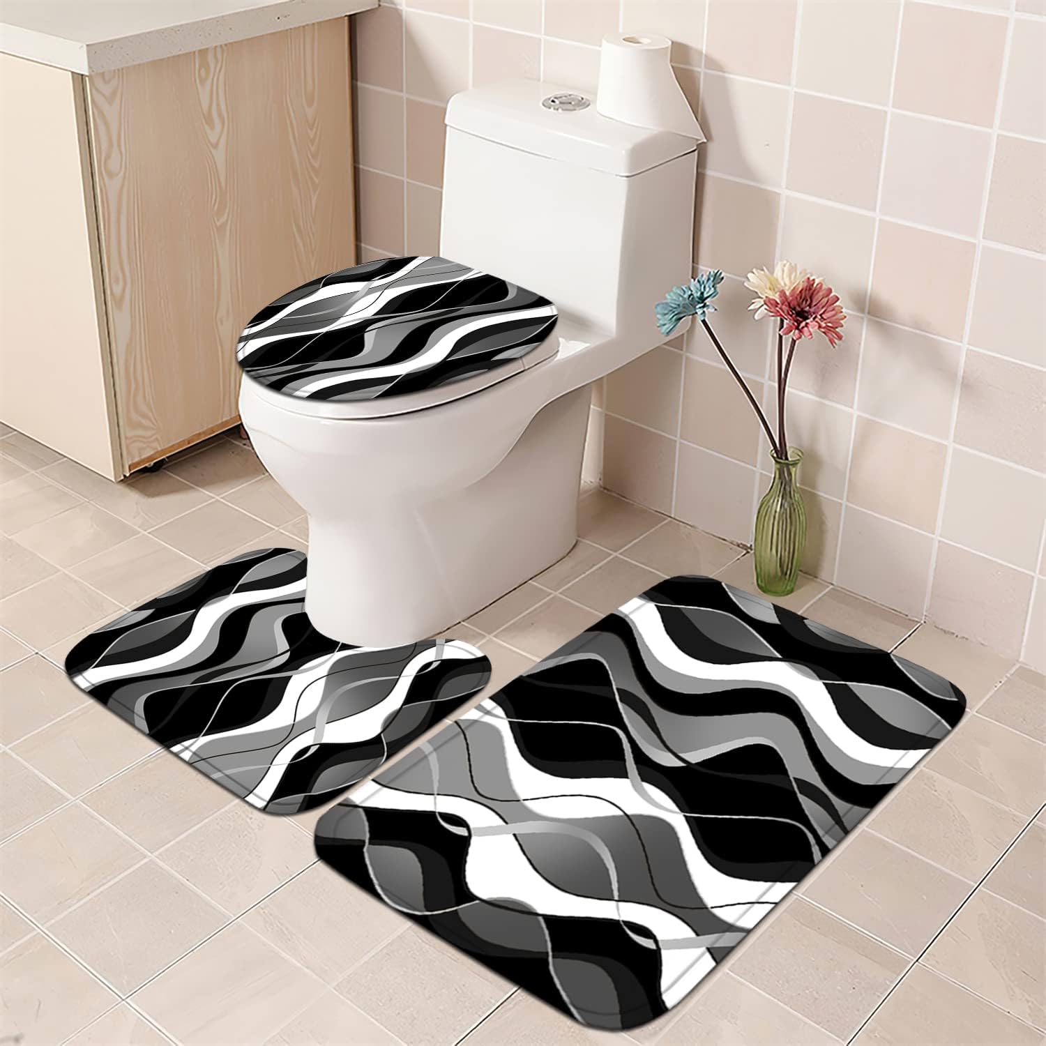 Nkzply 4 Pcs Black White Striped Bathroom Set