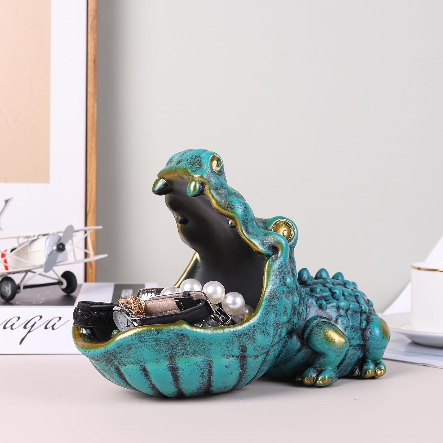 Alligator Key Bowl Decorative Storage Sculpture Green