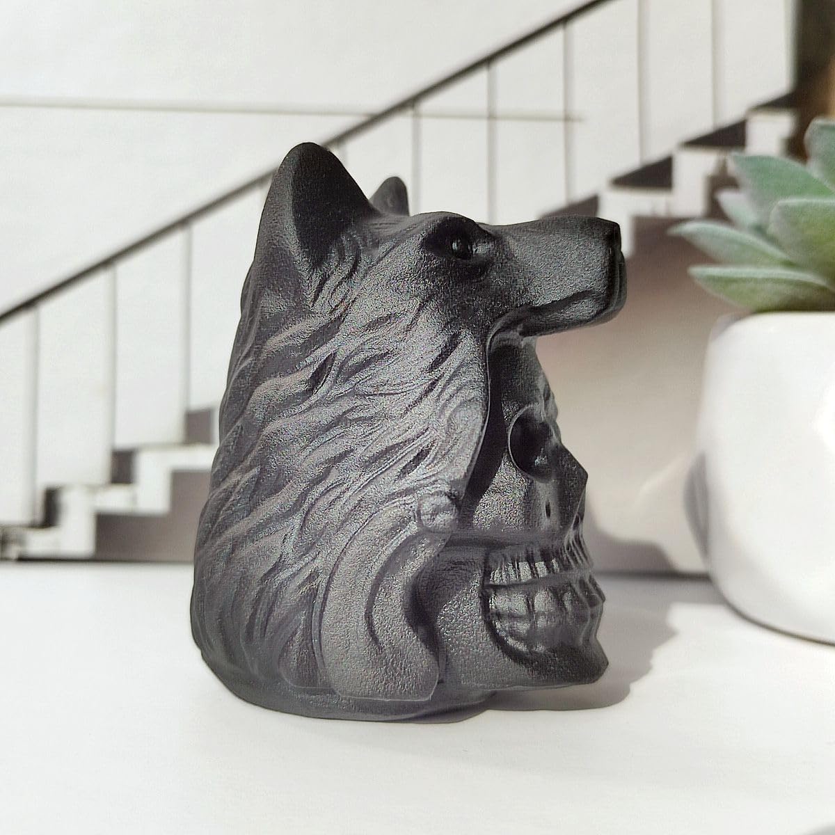 Obsidian Skull Wolf Crystal Figurine Decor Sculpture