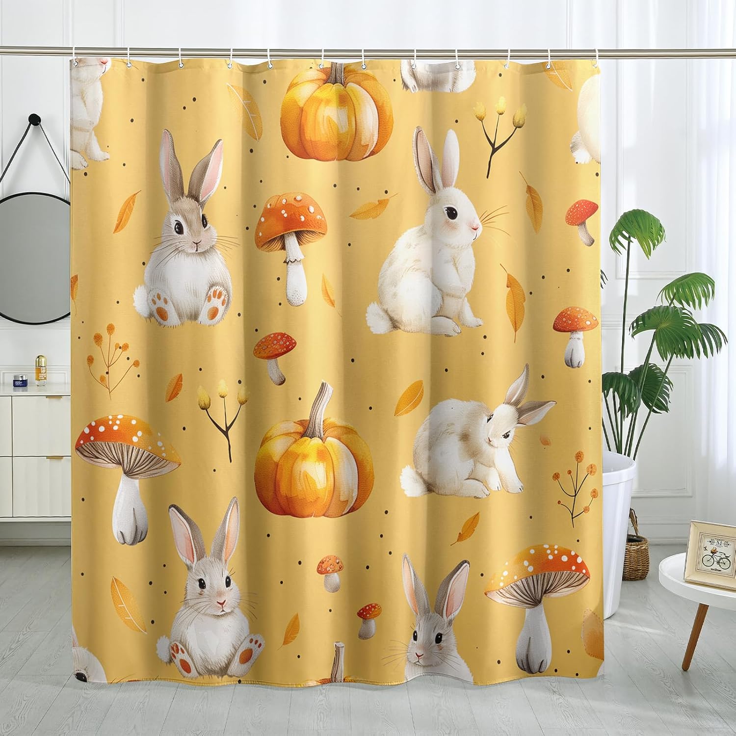 Fall Cartoon Rabbit Shower Curtain Set with 12 Hooks 1