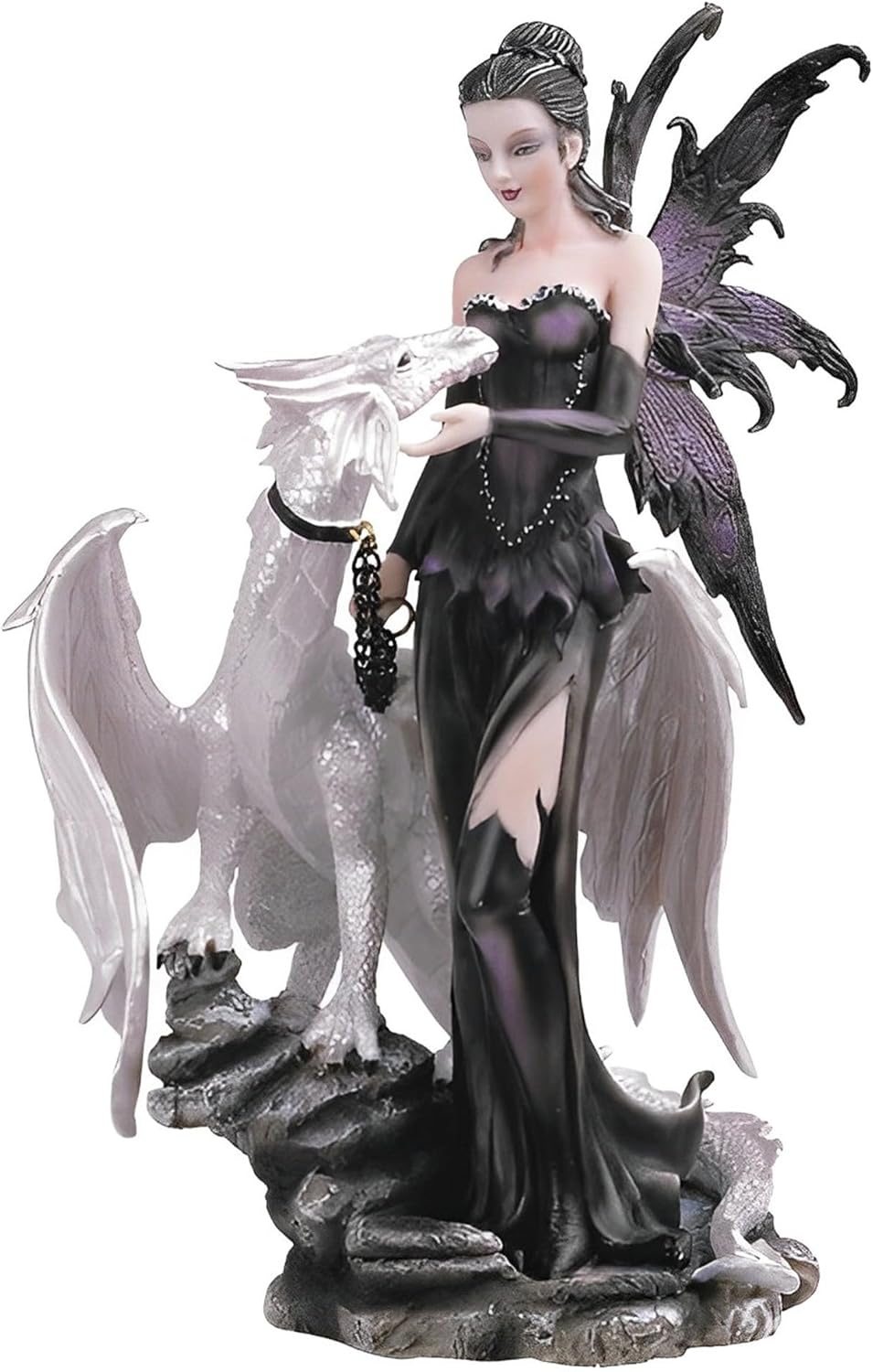 ICE ARMOR 10 Inch Gothic Black Fairy with White Dragon Statue