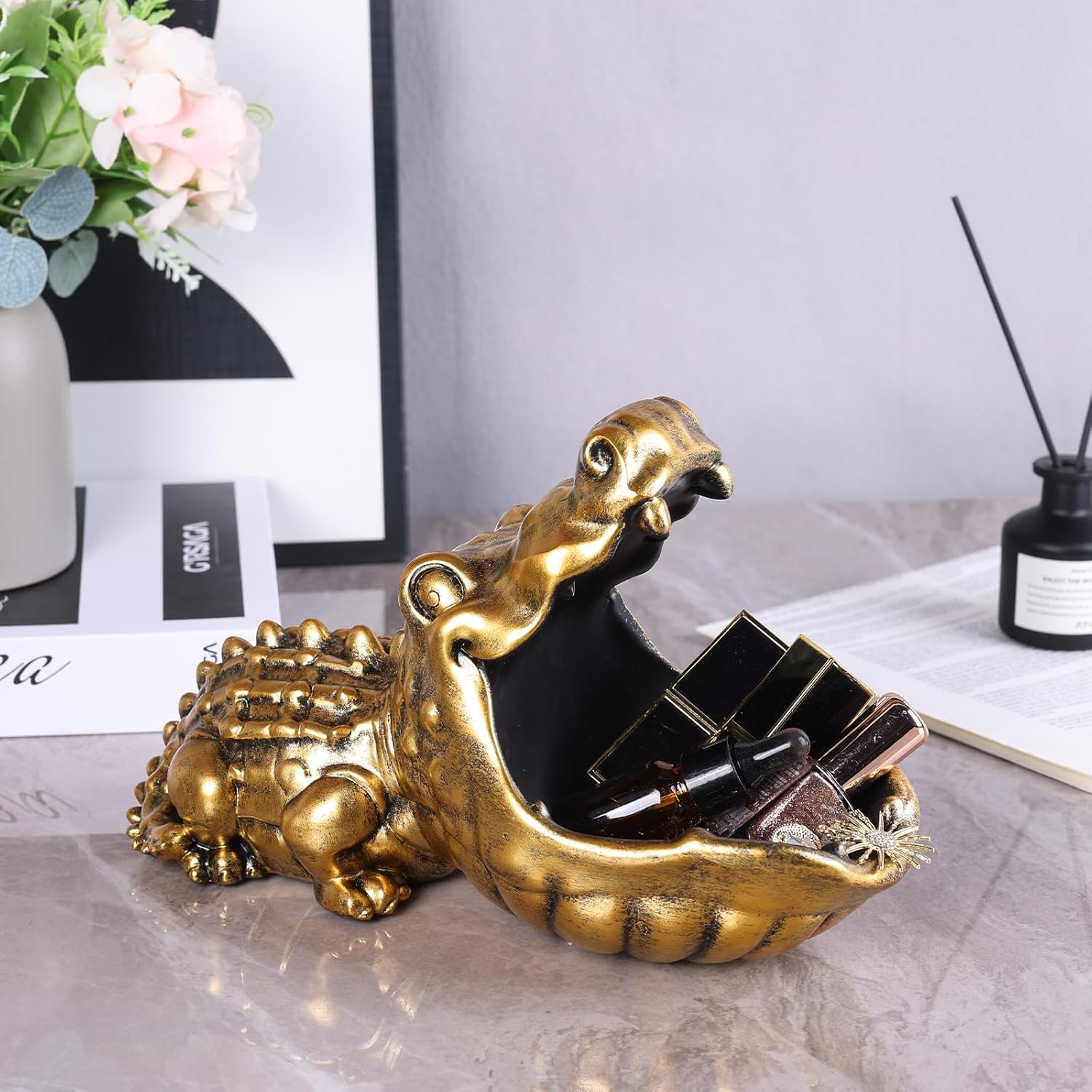 Gold Alligator Statue Candy Dish Storage Bowl