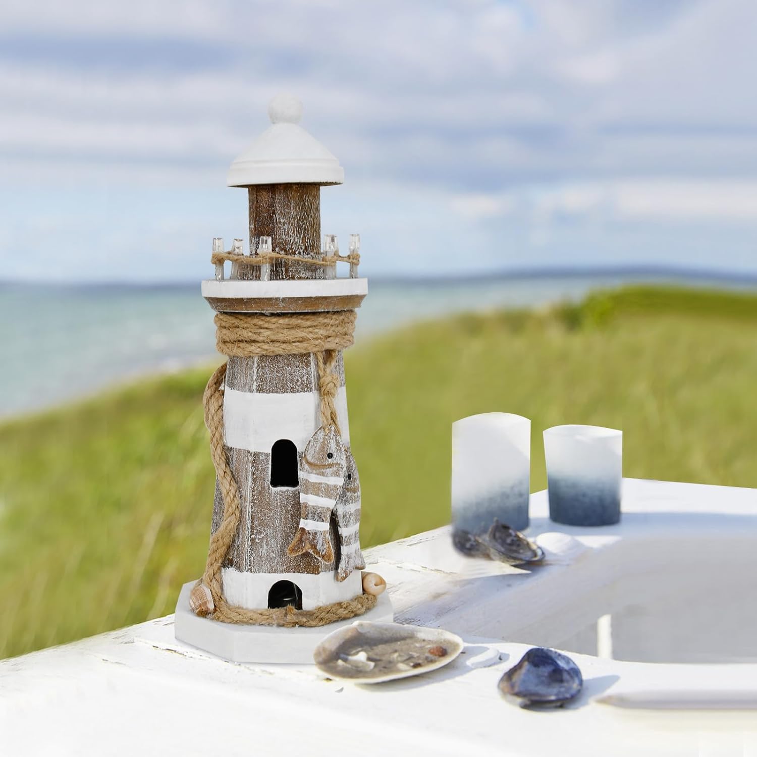 Wovorins Wooden Lighthouse with Lights 9 Inch
