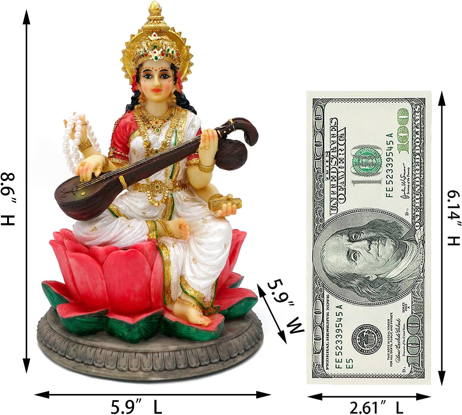 Hindu Goddess Saraswati Statue 86 Inch Handmade Decor