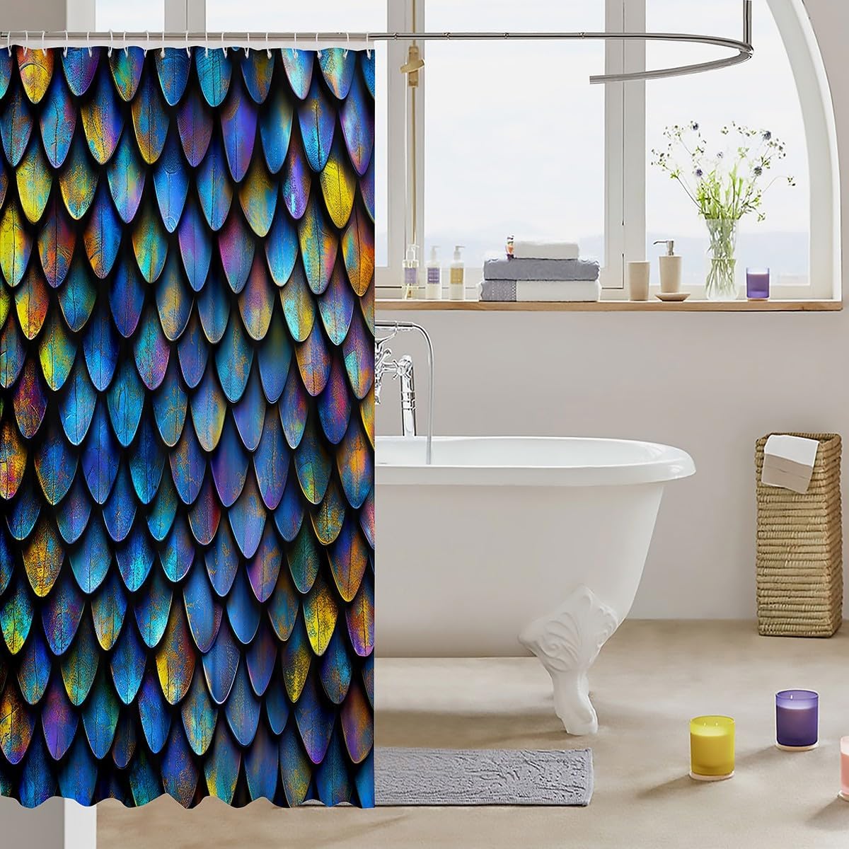 Erosebridal Mermaid Scales Shower Curtain Set Dark Blue Fish Scales for Kids