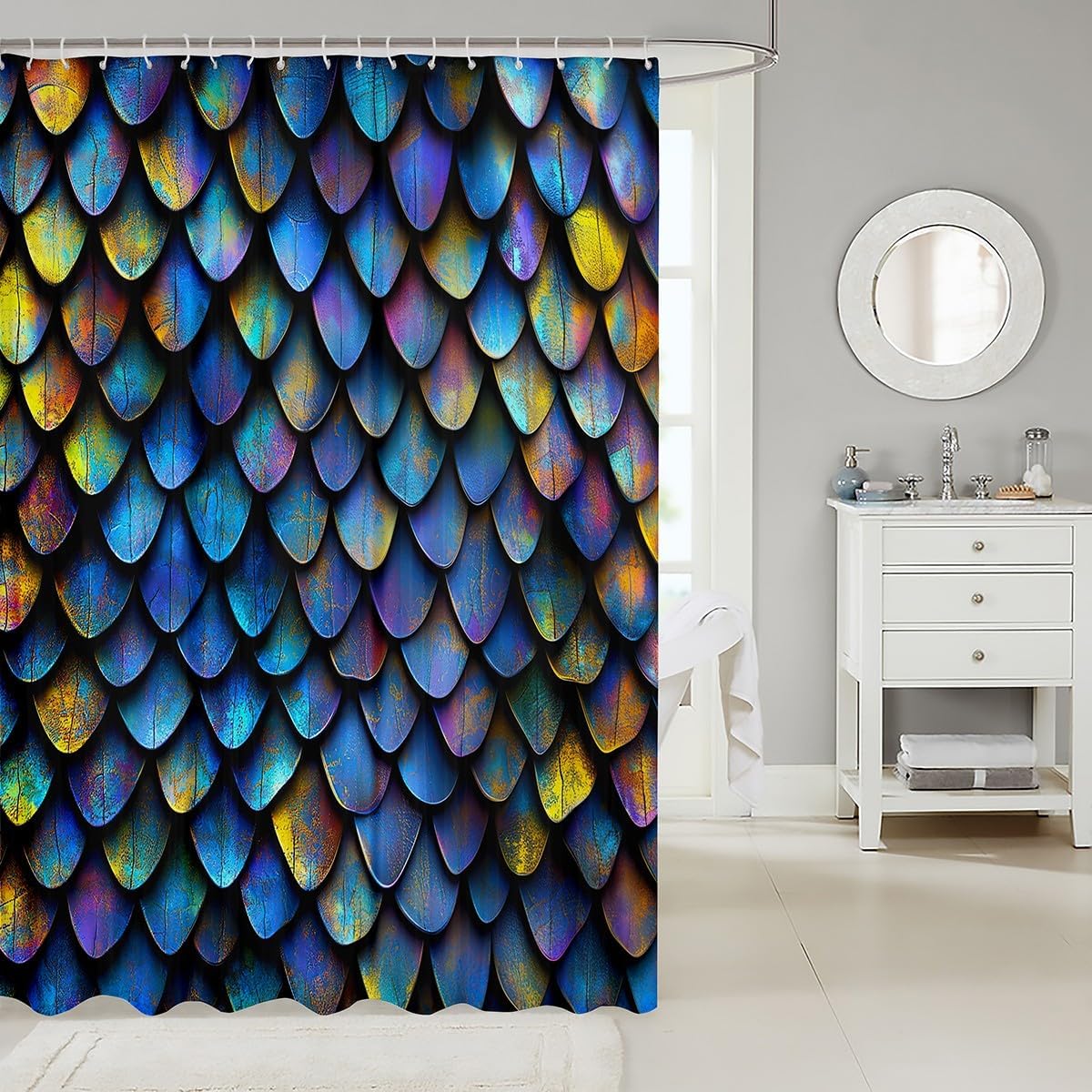 Erosebridal Mermaid Scales Shower Curtain Set Dark Blue Fish Scales for Kids