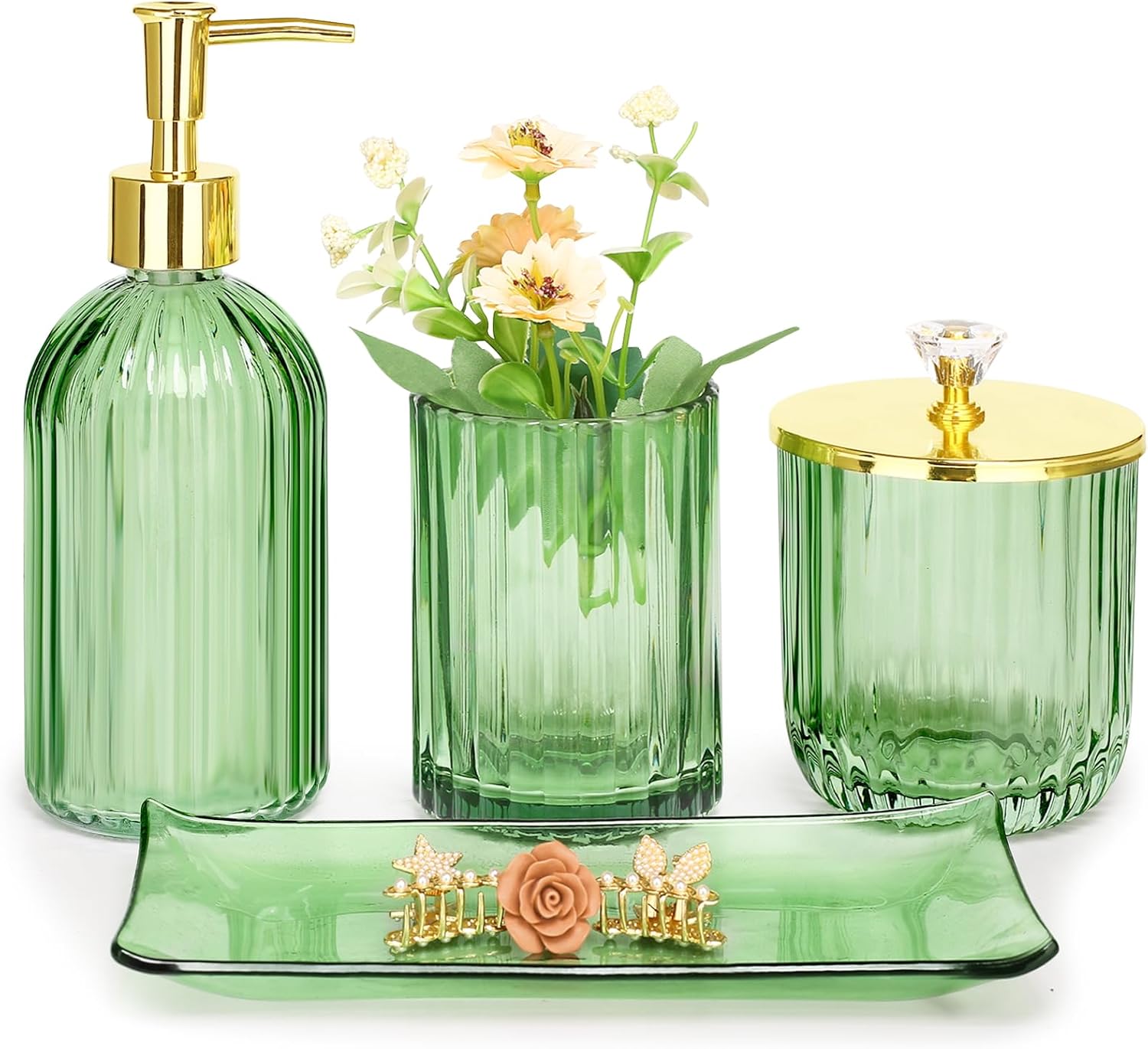 Haturi 4 Pc Green Glass Bathroom Accessories Set