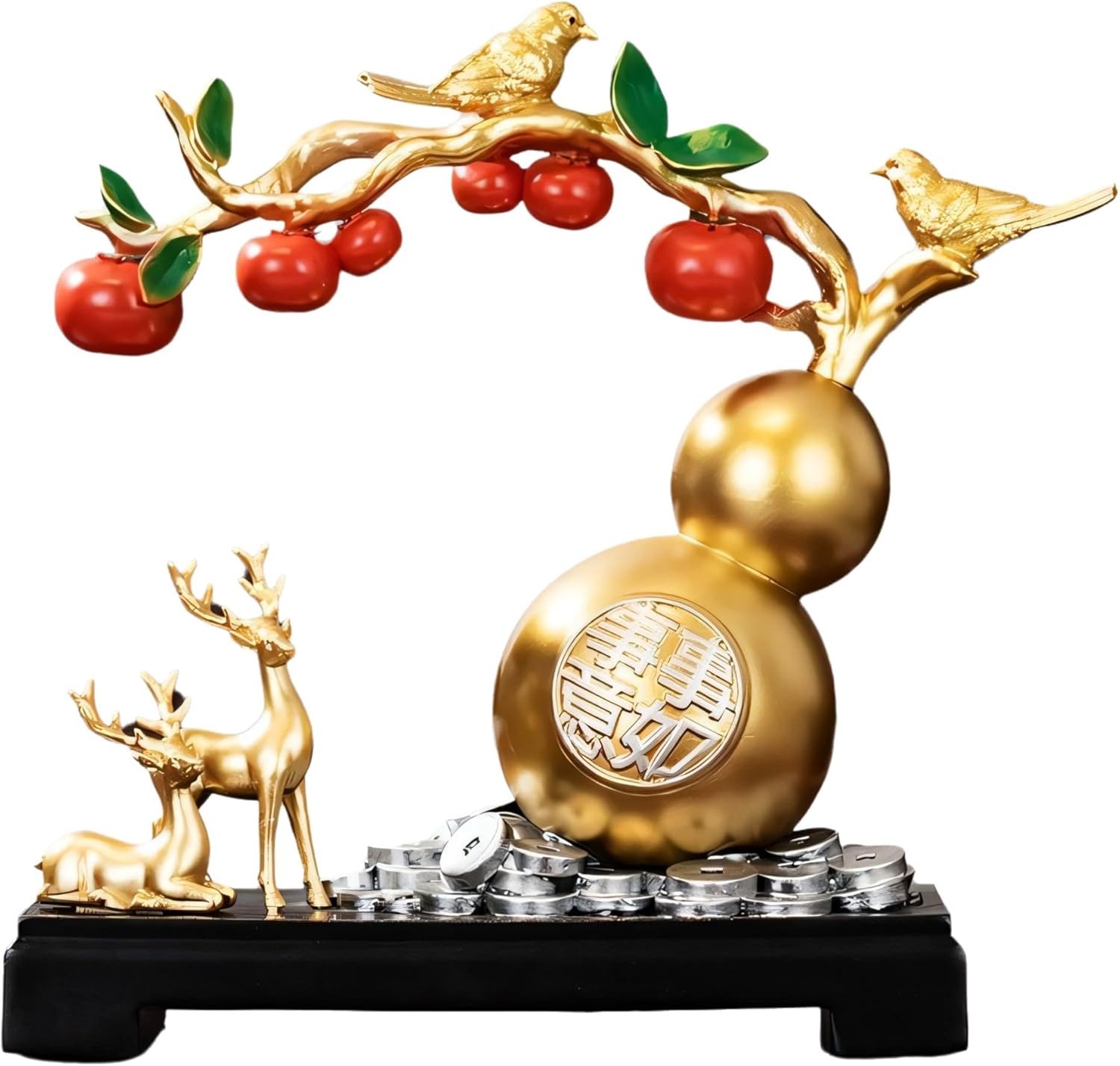 Feng Shui Gourd Sculpture with Gold Birds and Blue Deer