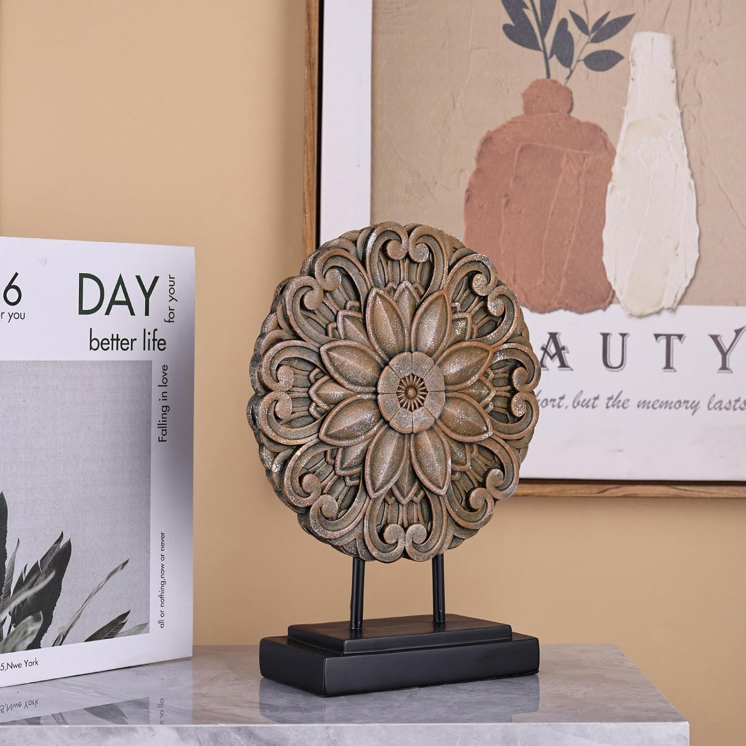 Elegant Brown Wood Round Statue for Home Decor
