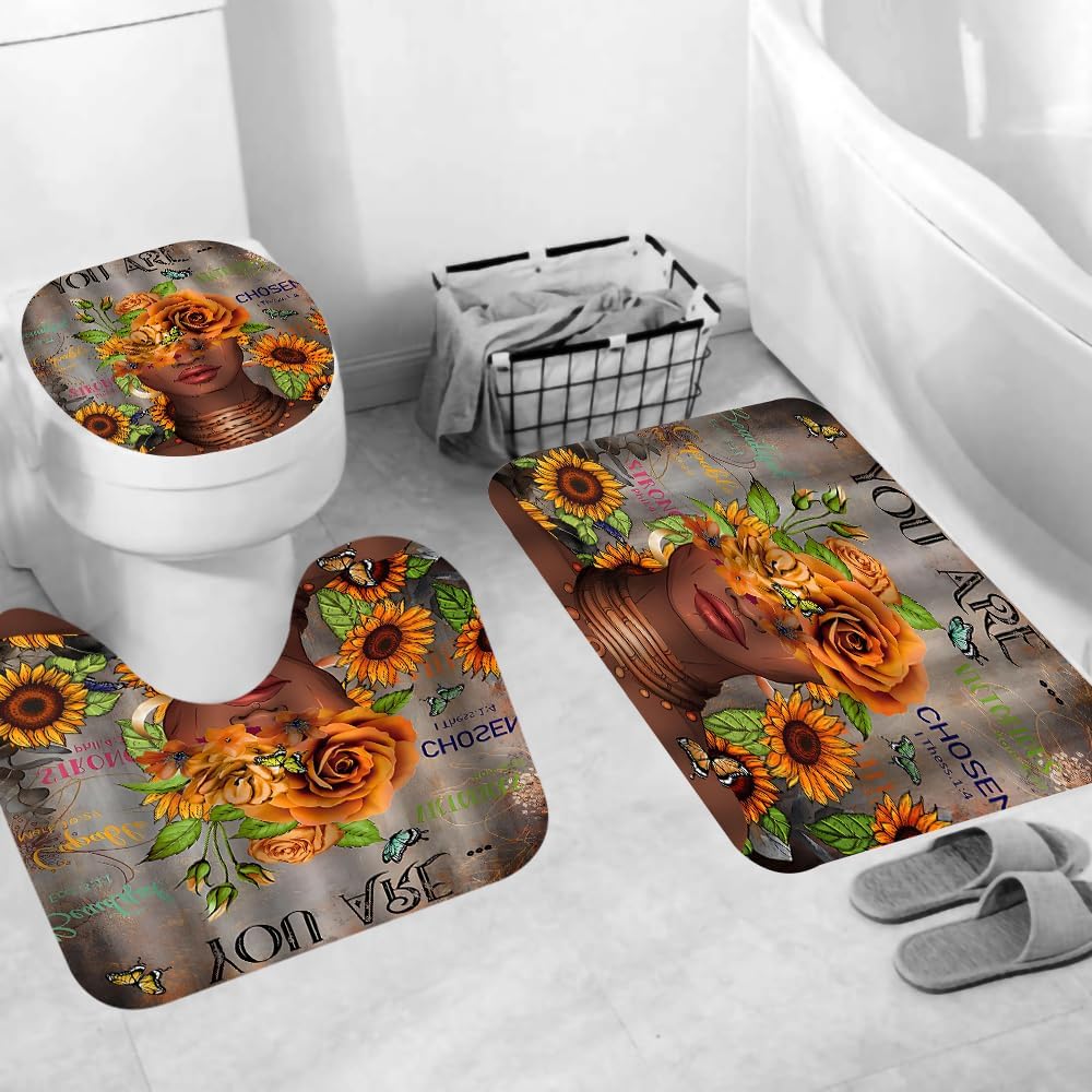 4Pcs African Woman Shower Curtain Set with Rugs and Hooks