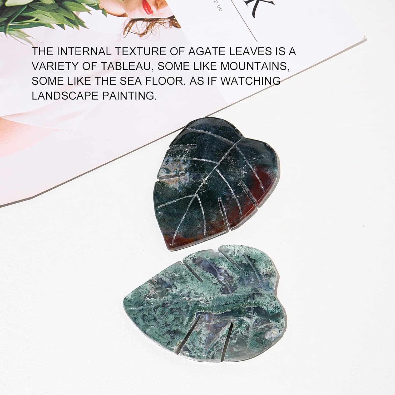 Runyangshi Natural Moss Agate Leaf Sculpture Decoration