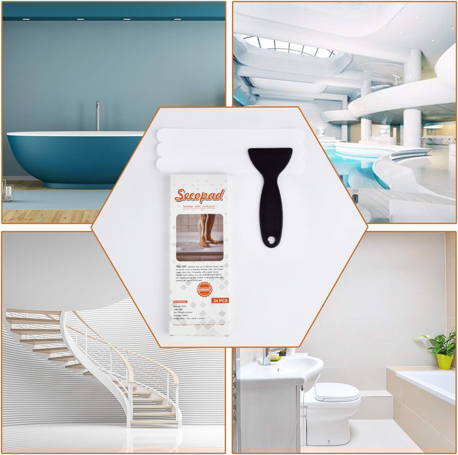 Secopad Anti Slip Bathtub Stickers 24PCS with Scraper