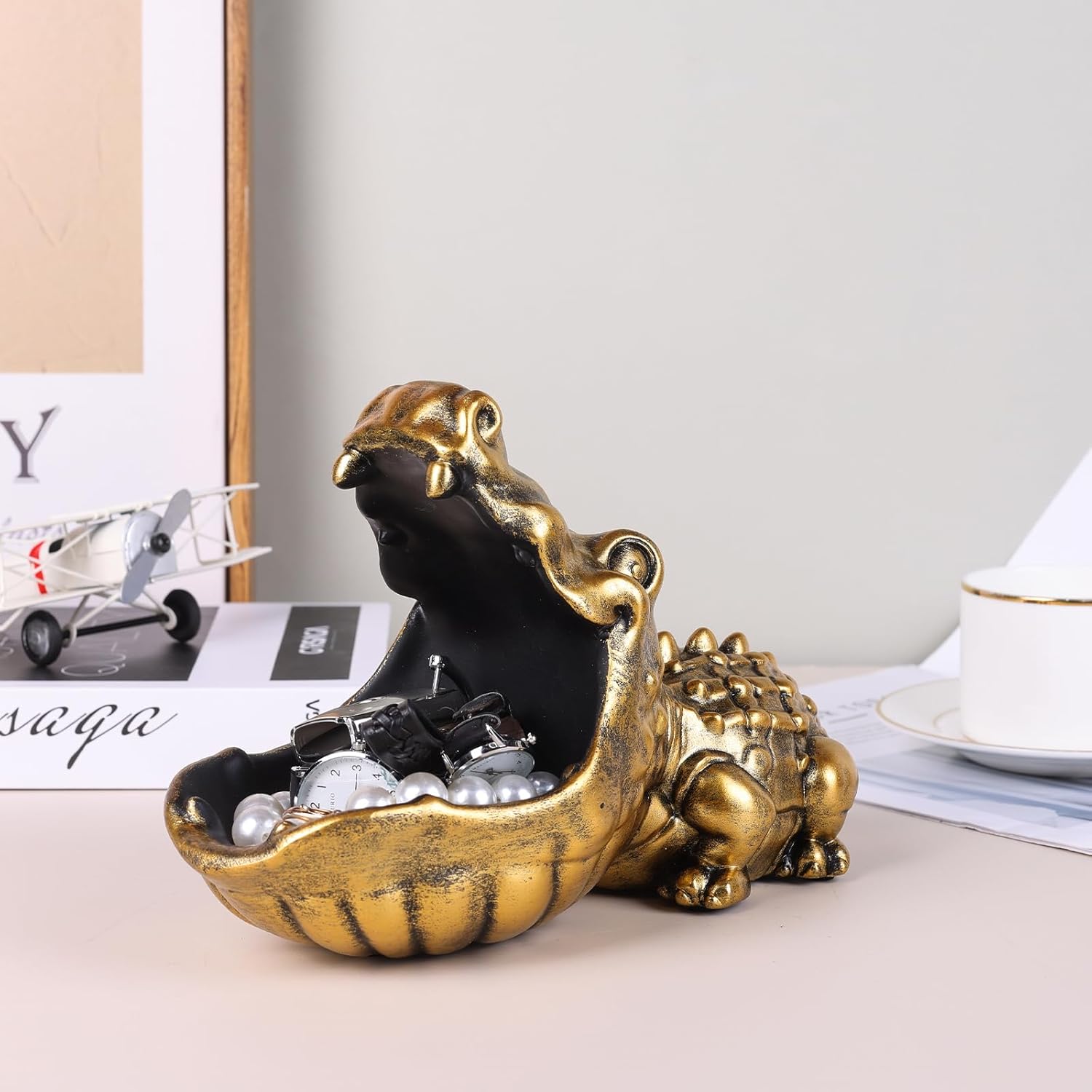 Gold Alligator Statue Candy Dish Storage Bowl