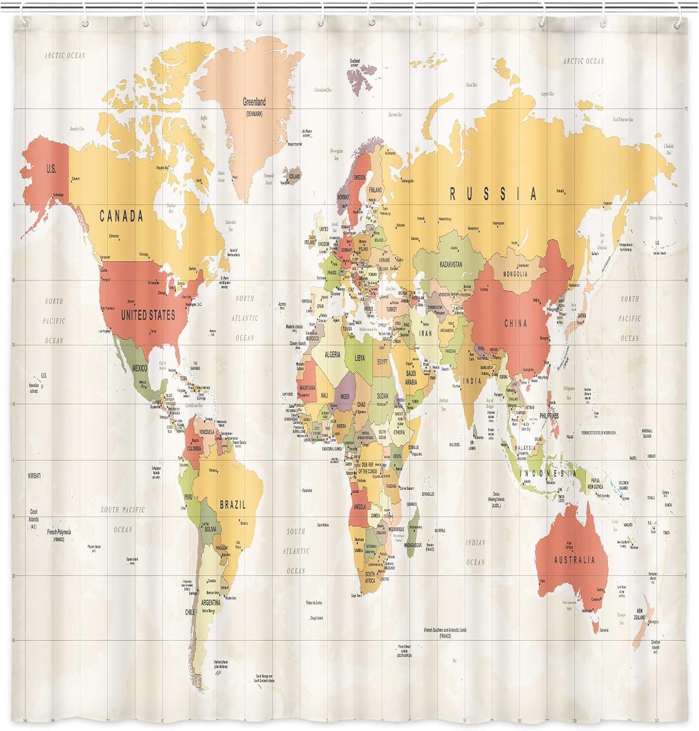 World Map Shower Curtain with Hooks 72x72IN 1