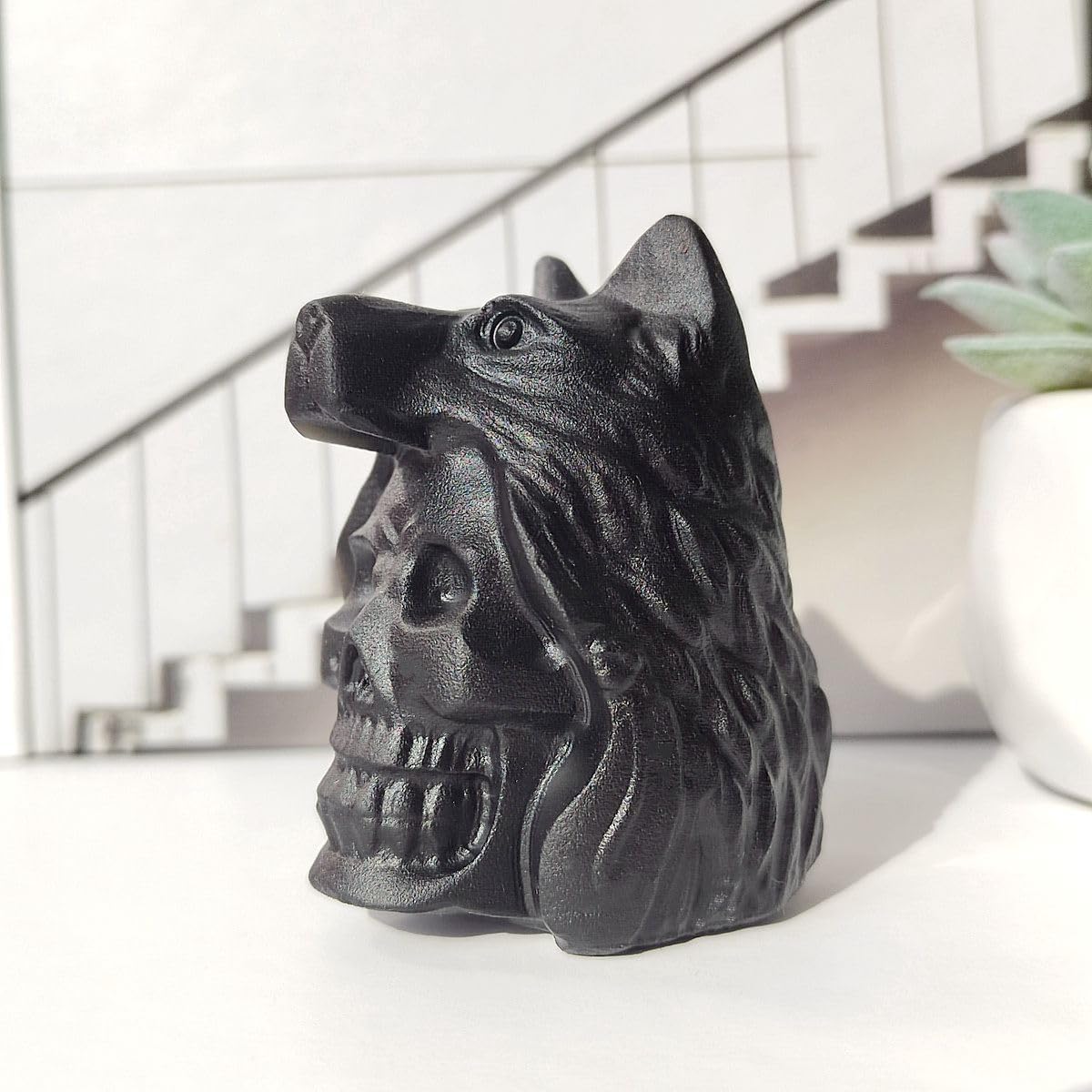 Obsidian Skull Wolf Crystal Figurine Decor Sculpture