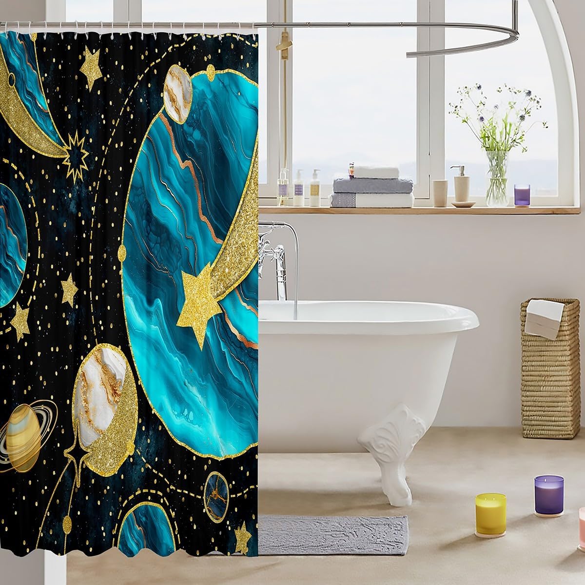 Erosebridal Chic Blue Marble Shower Curtain Set
