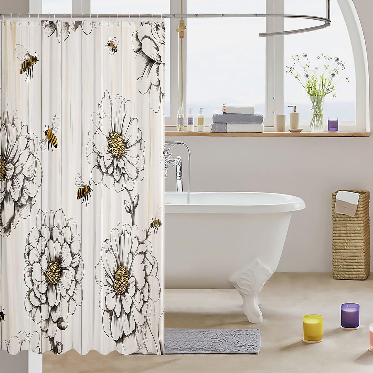 Feelyou Bee Shower Curtain Set 72x78 Farmhouse Style
