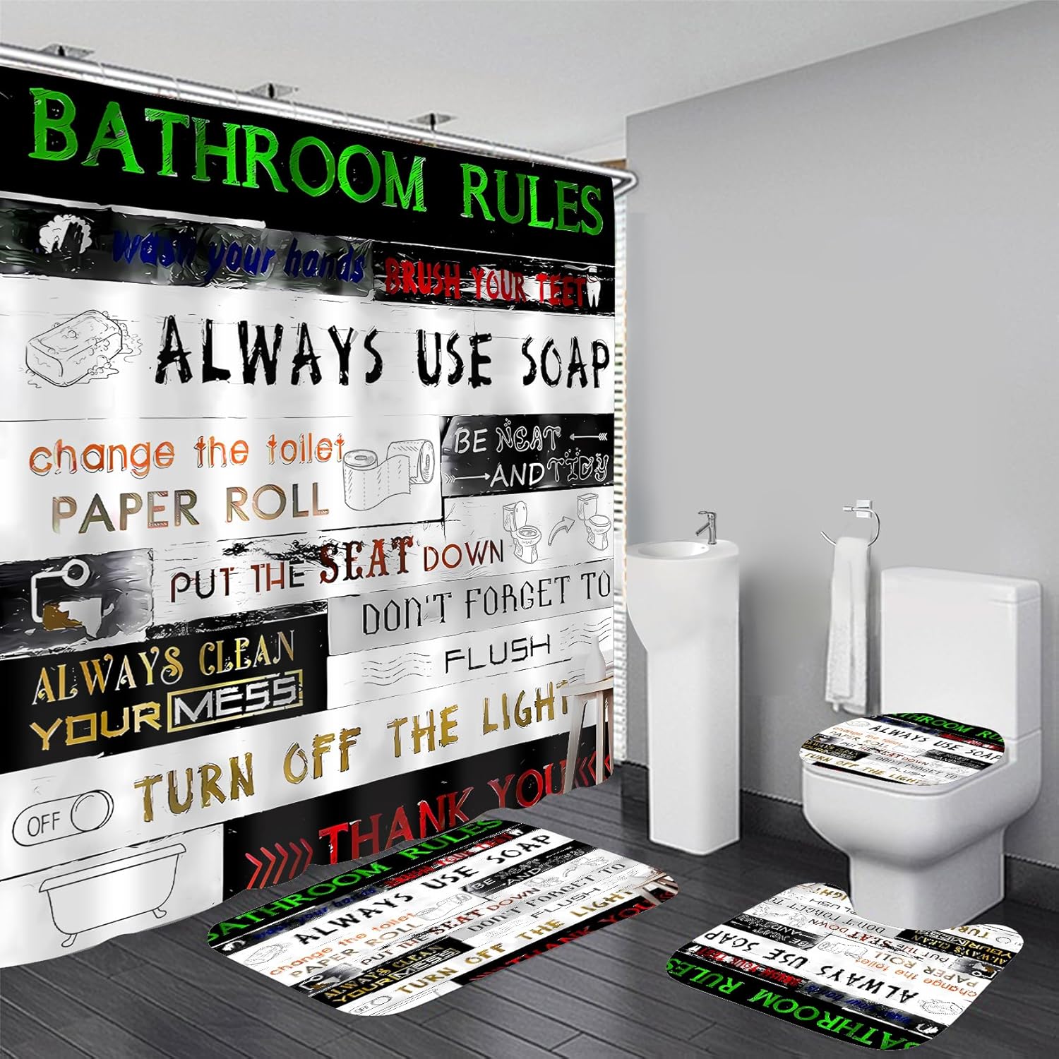 AZHM Letter Plank Pattern Shower Curtain Set 4 Pcs Black