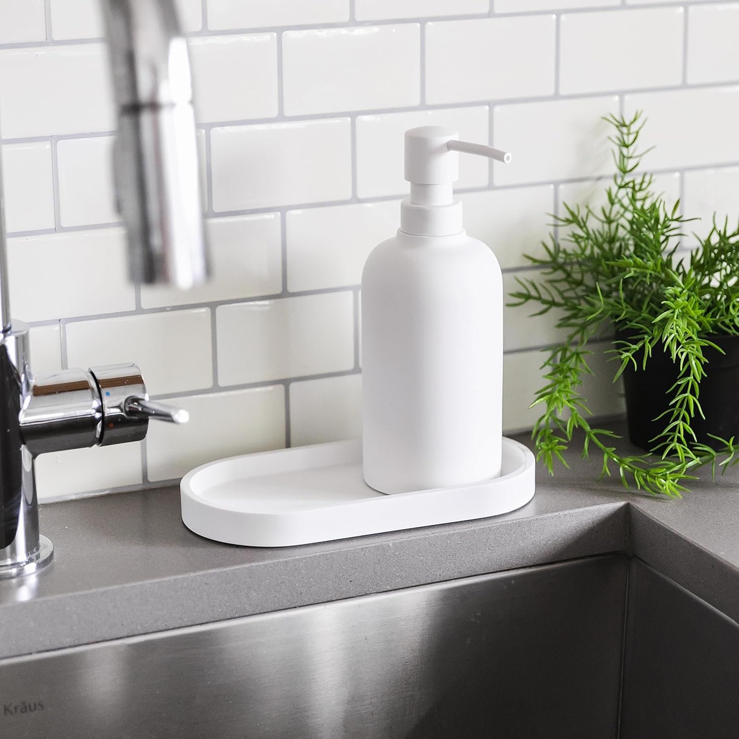 Matte White Round Soap Dispenser Tray Holds 2 Bottles