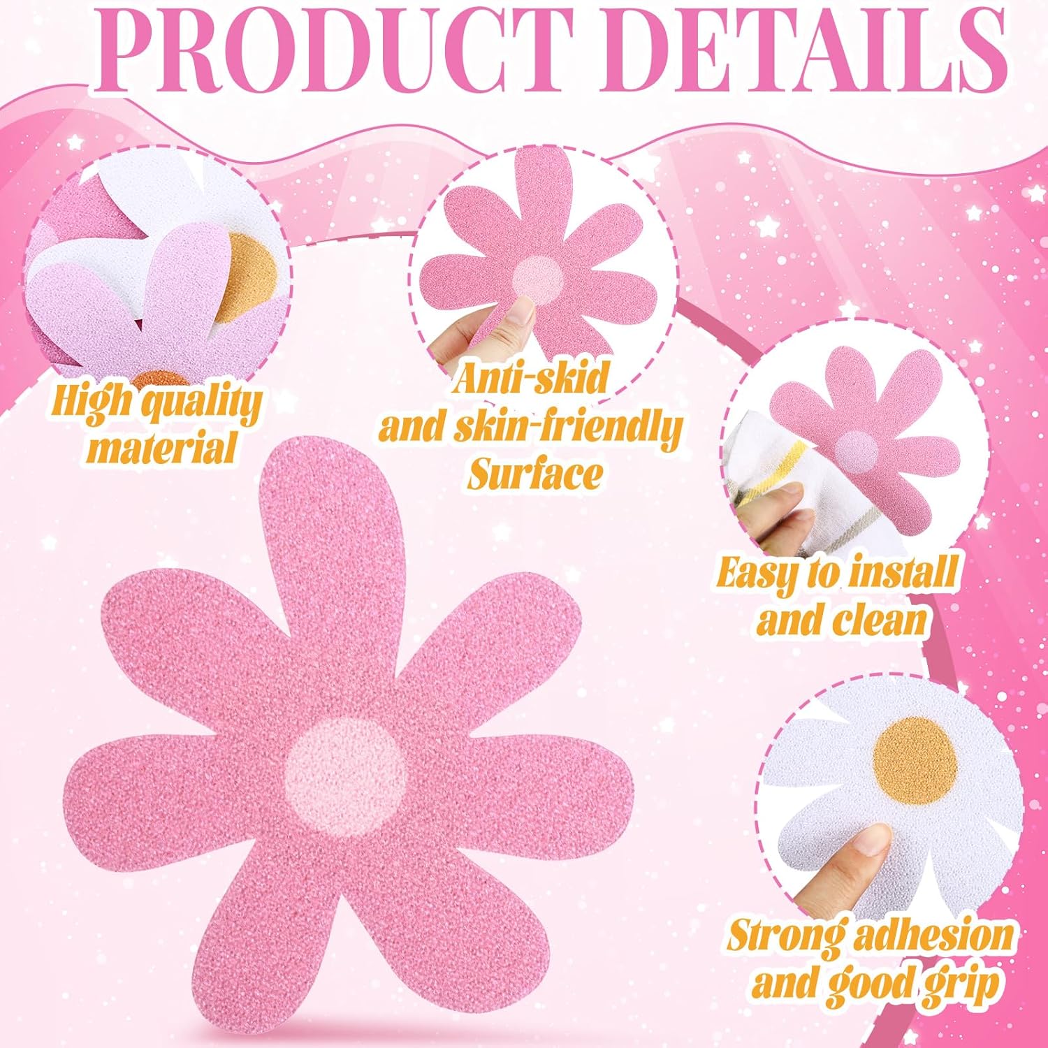 Chiisong 24 Pcs Flower Anti Slip Bathtub Sticker Pink