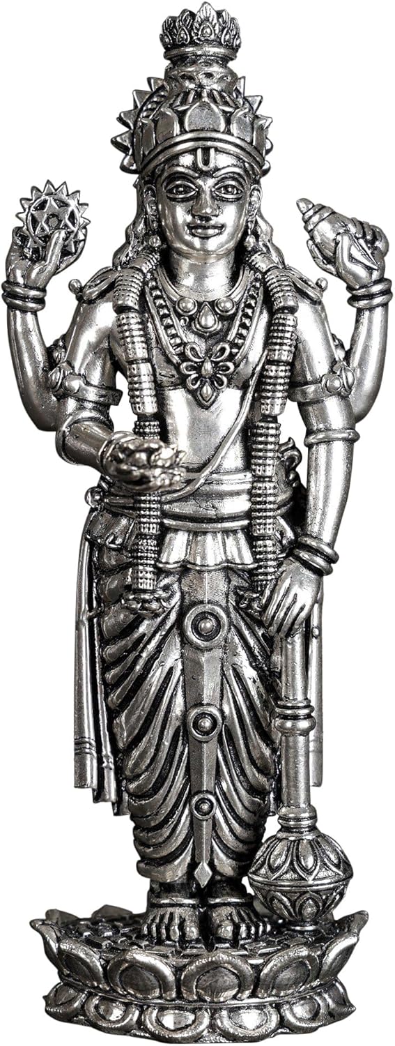 Superfine Four-Armed Lord Vishnu Silver Plated Brass Statue