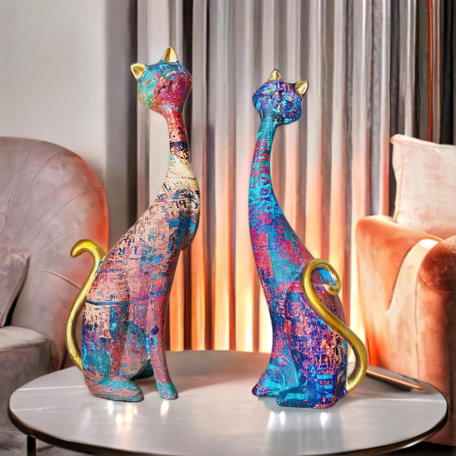 2 pcs Oil Painting Resin Cat Art Decor Sculptures