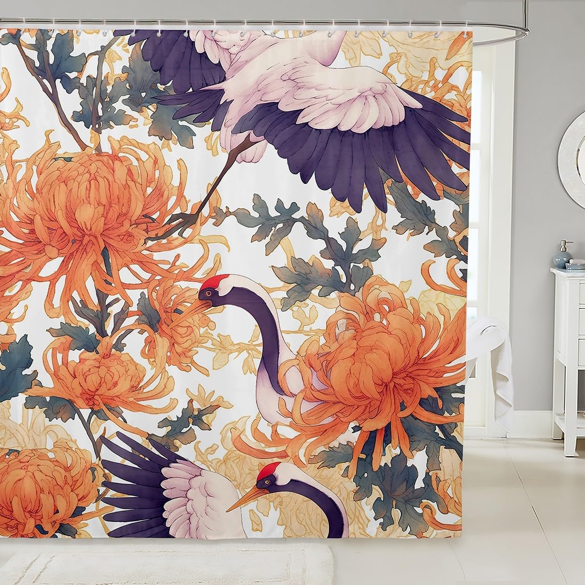 Feelyou Japanese-Style Shower Curtain Set 72x72 Kids Botanical Print