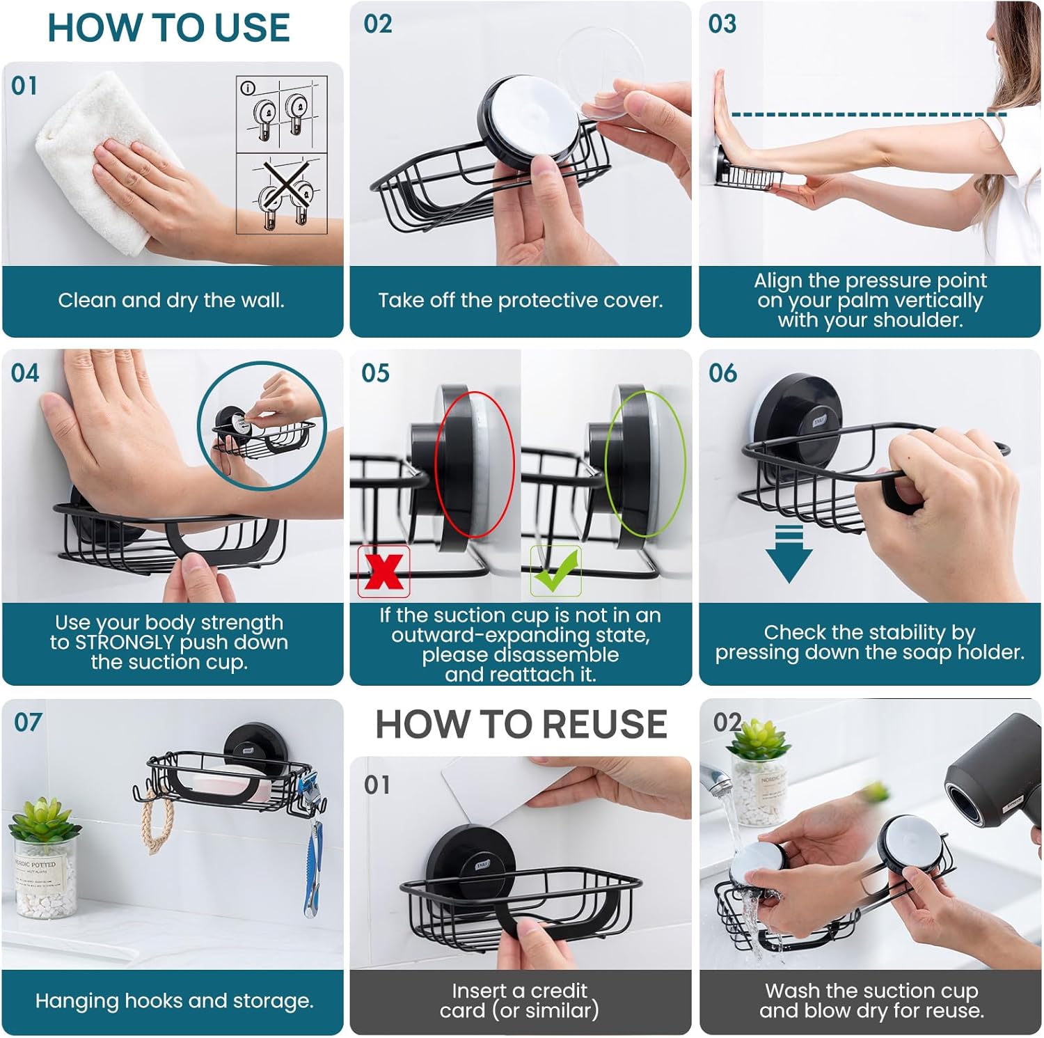 TAILI Soap Bar Holder with Hooks and Suction Cup Black 1