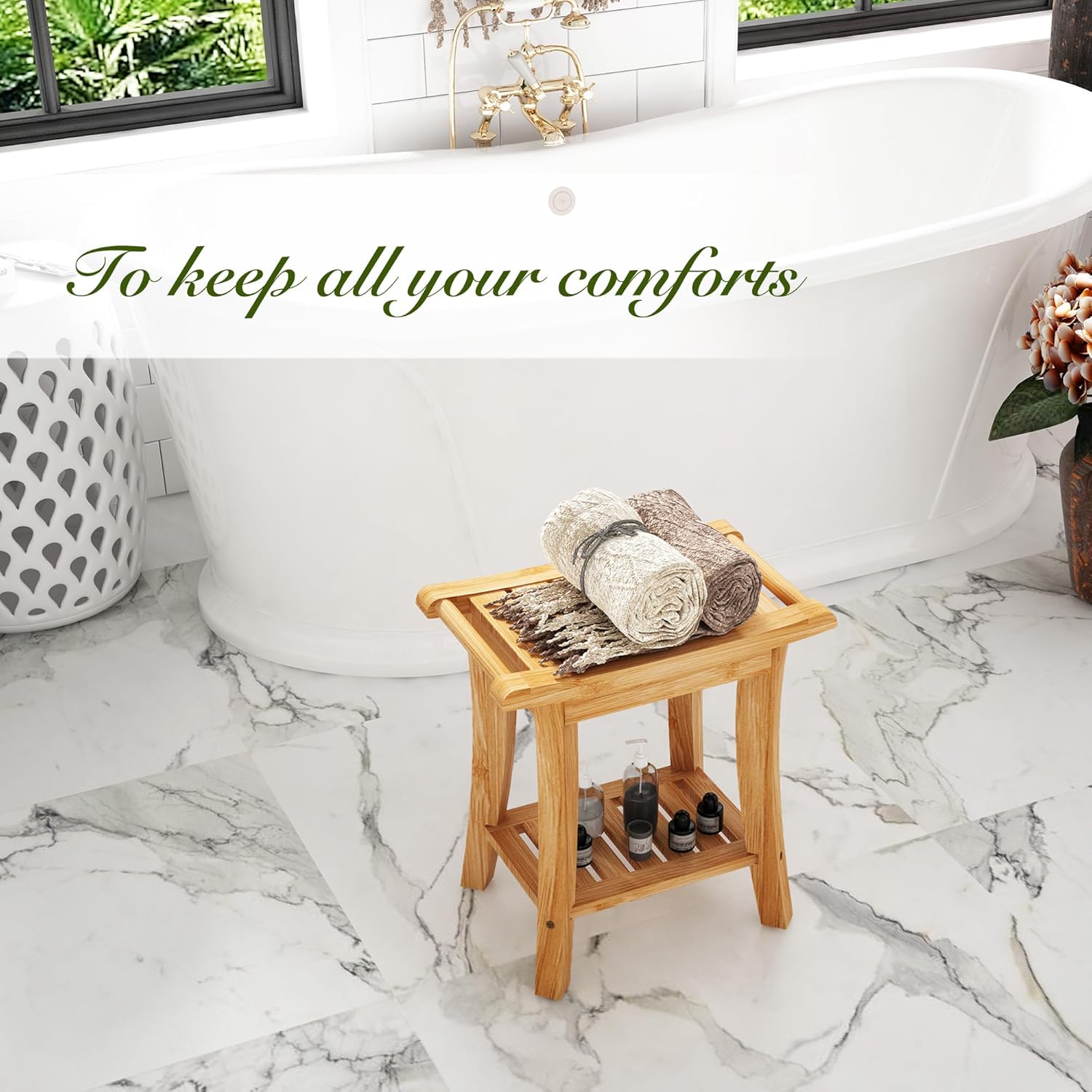Unibambou Bamboo Shower Bench with Storage Shelf