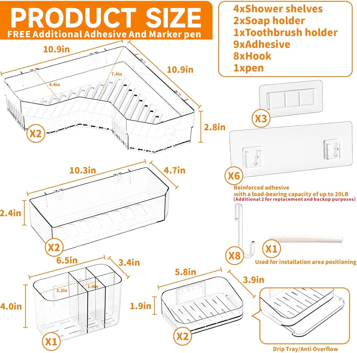SUOXING 7 Pack Adhesive Shower Caddies Clear Acrylic 8 Hooks No Drilling