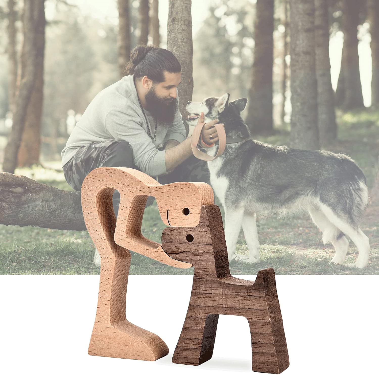 KINGNOW Accent Decor Men and Dog Wooden Statue