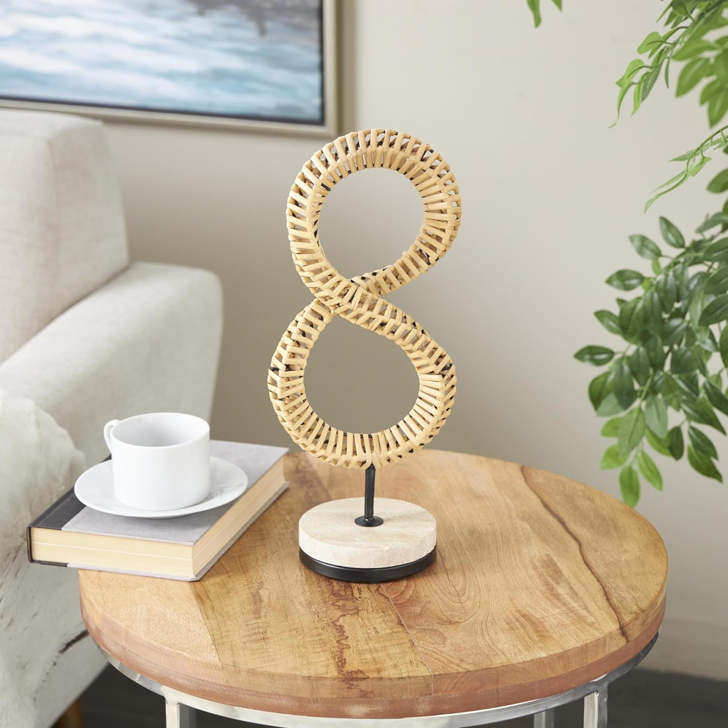 Deco 79 Brown Rattan Abstract Infinity Sculpture with Marble Base
