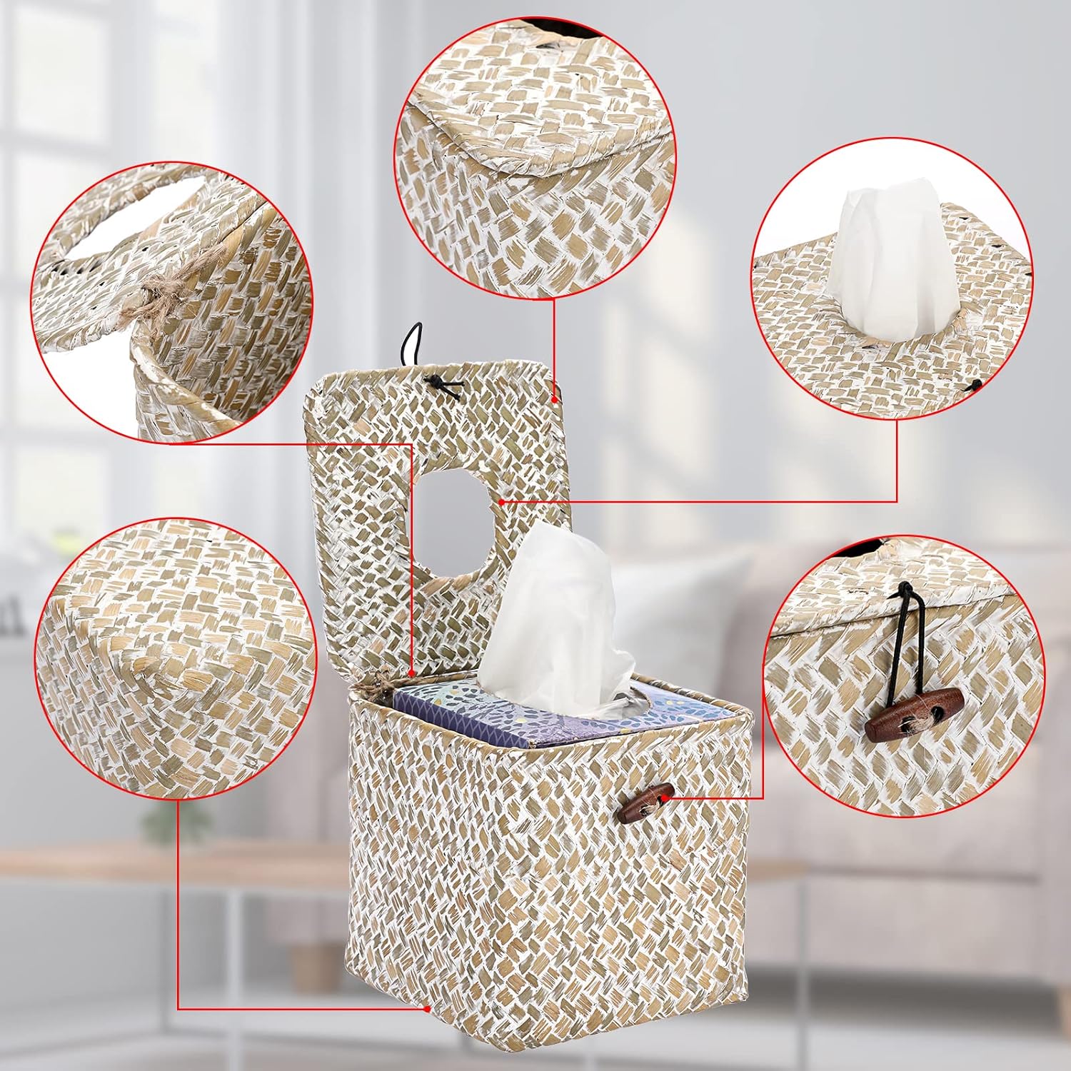 Sumnacon Seagrass Tissue Box Cover with Lid