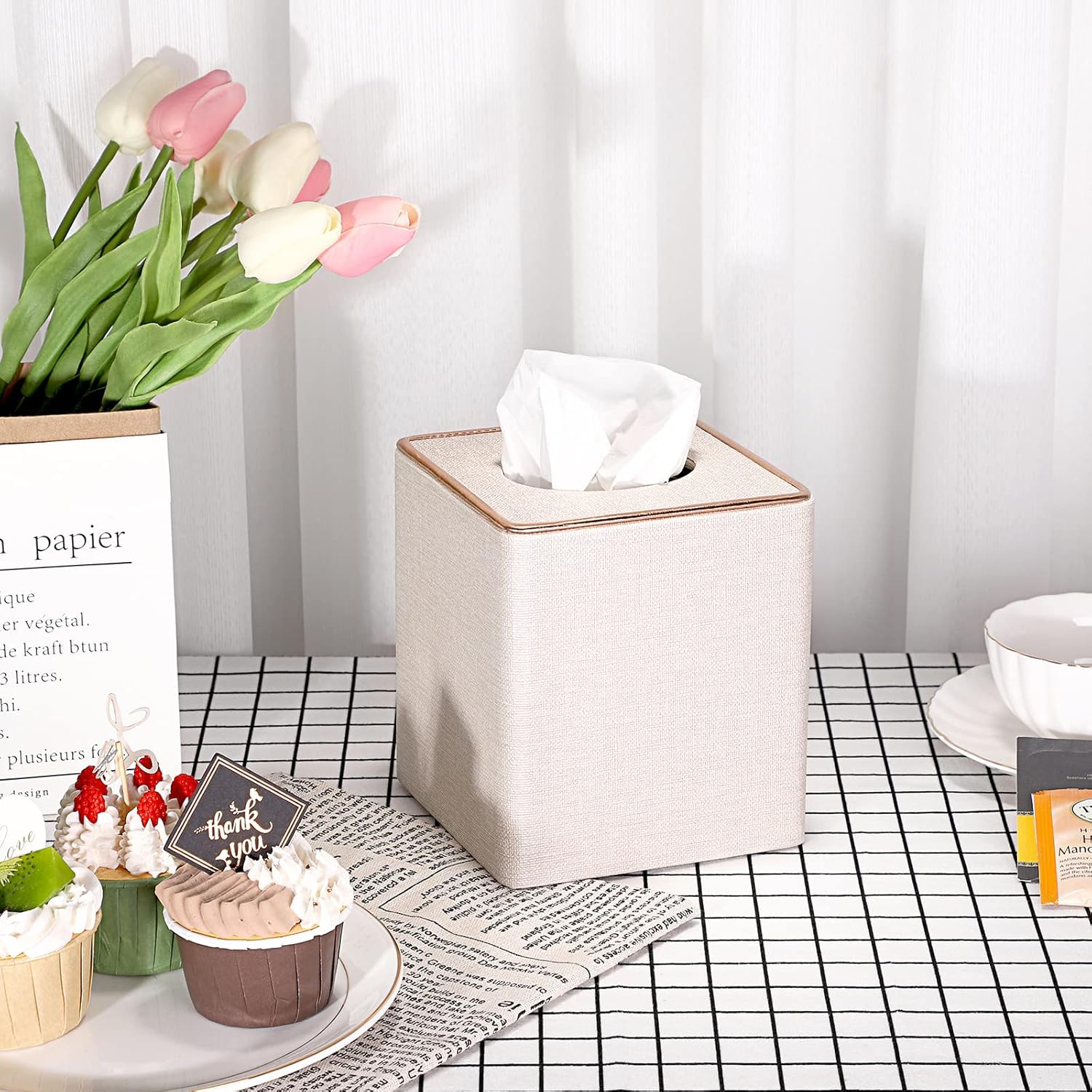 Sumnacon Square Linen Tissue Box Cover - Magnetic Bottom Beige