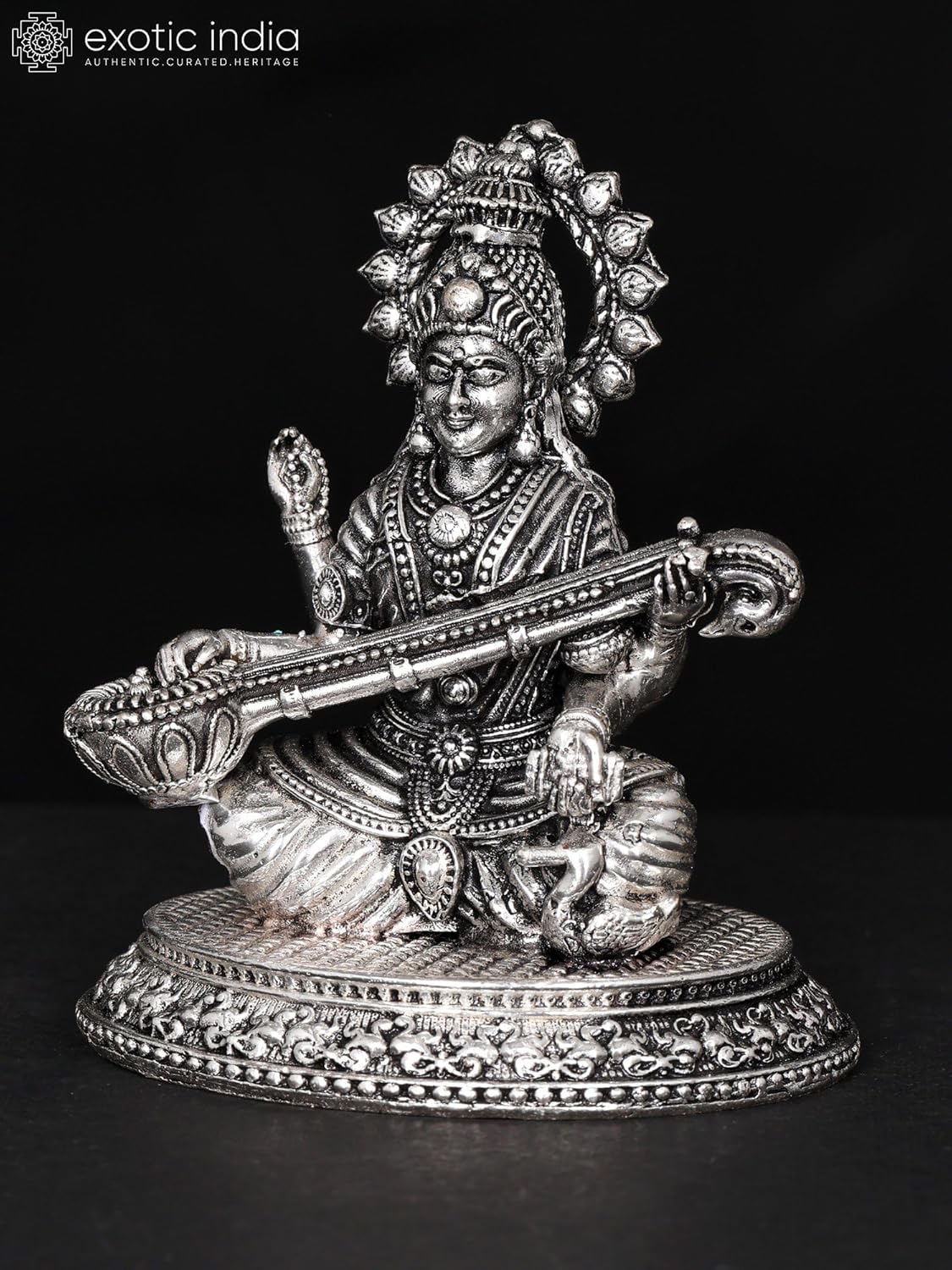 Devi Saraswati Veena Playing Silver Plated Brass Statue