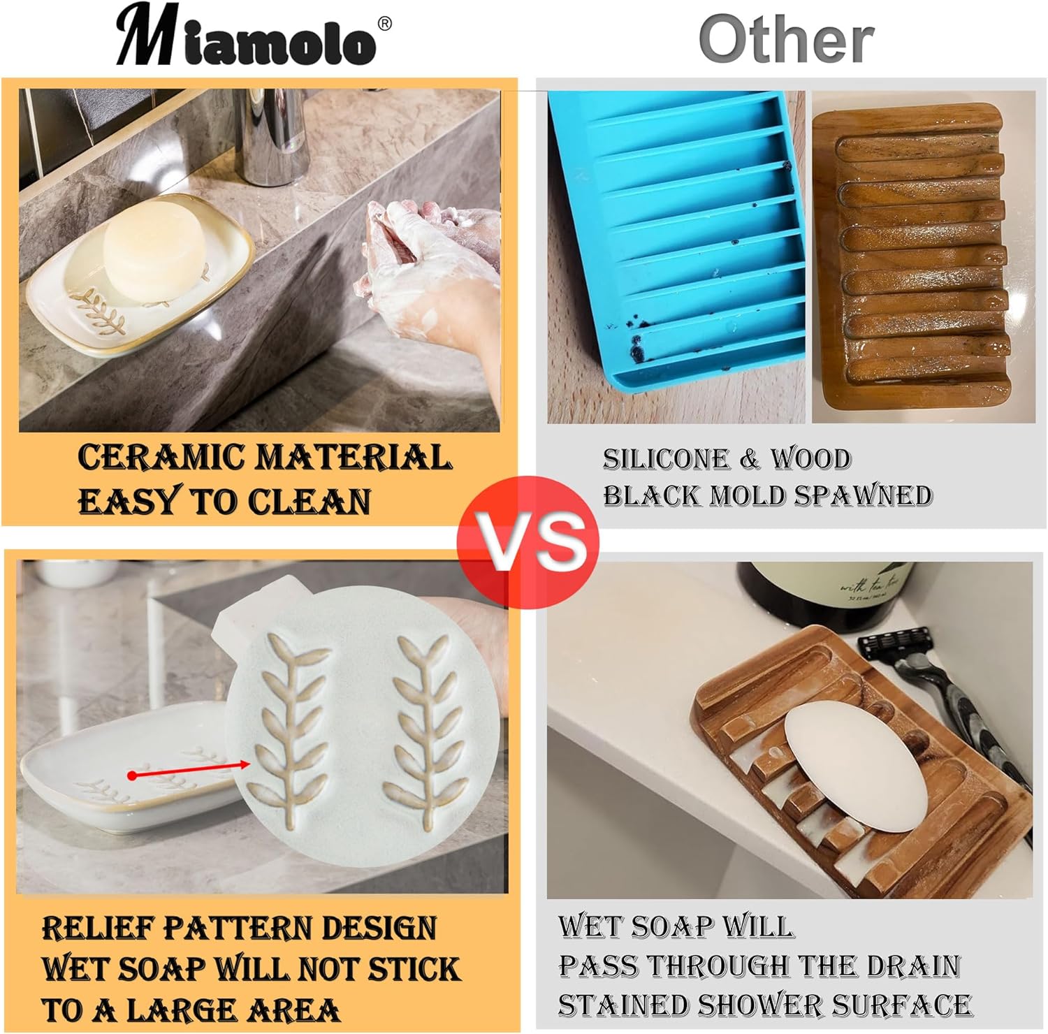 Miamolo Ceramic Soap Dish Holder 1-2 Bars Non-Slip Easy to Clean