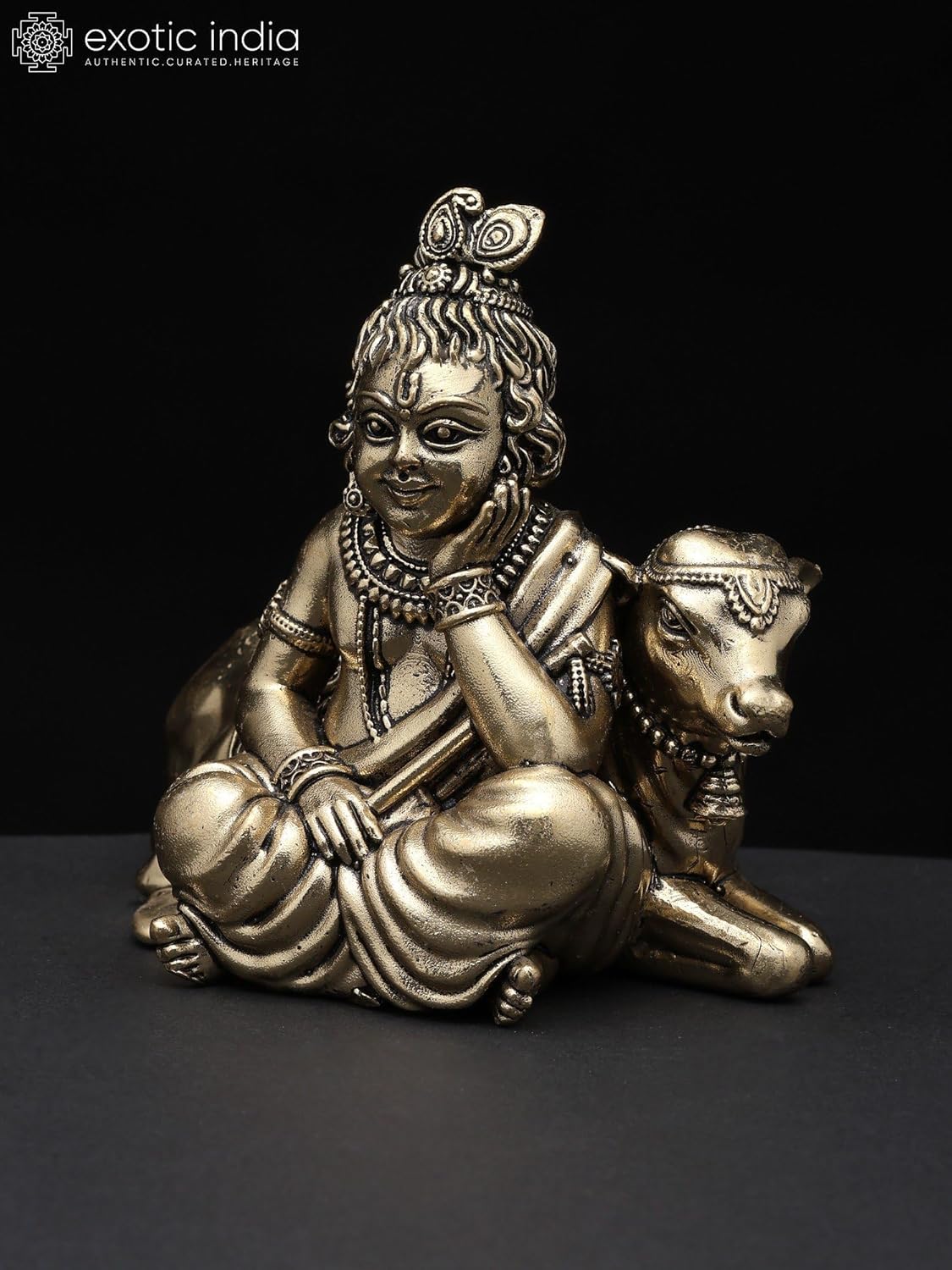 Exotic India Small Superfine Bal Gopal Brass Statue Lord Krishna Pooja Idol
