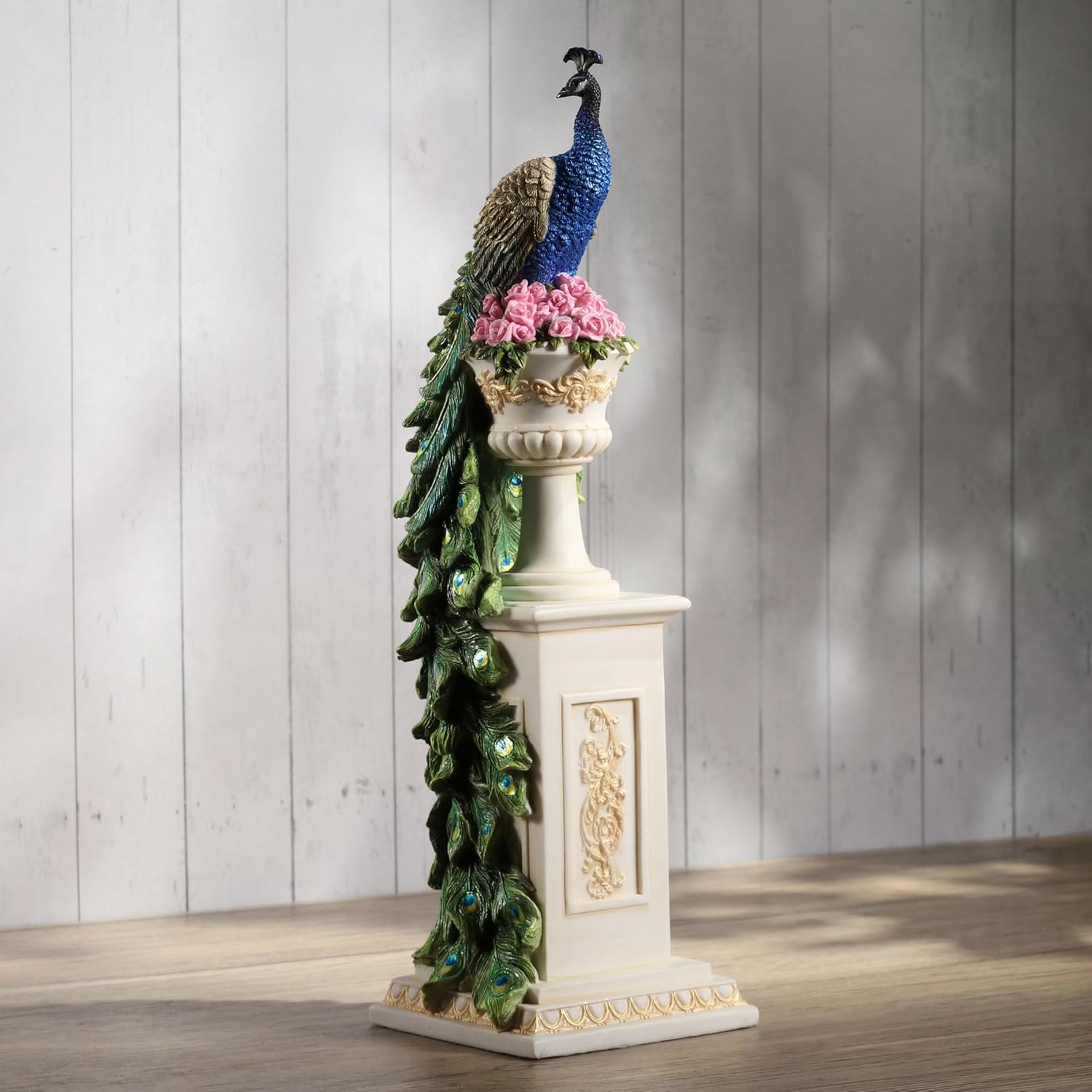 Veronese Design Peacock on Column Resin Sculpture