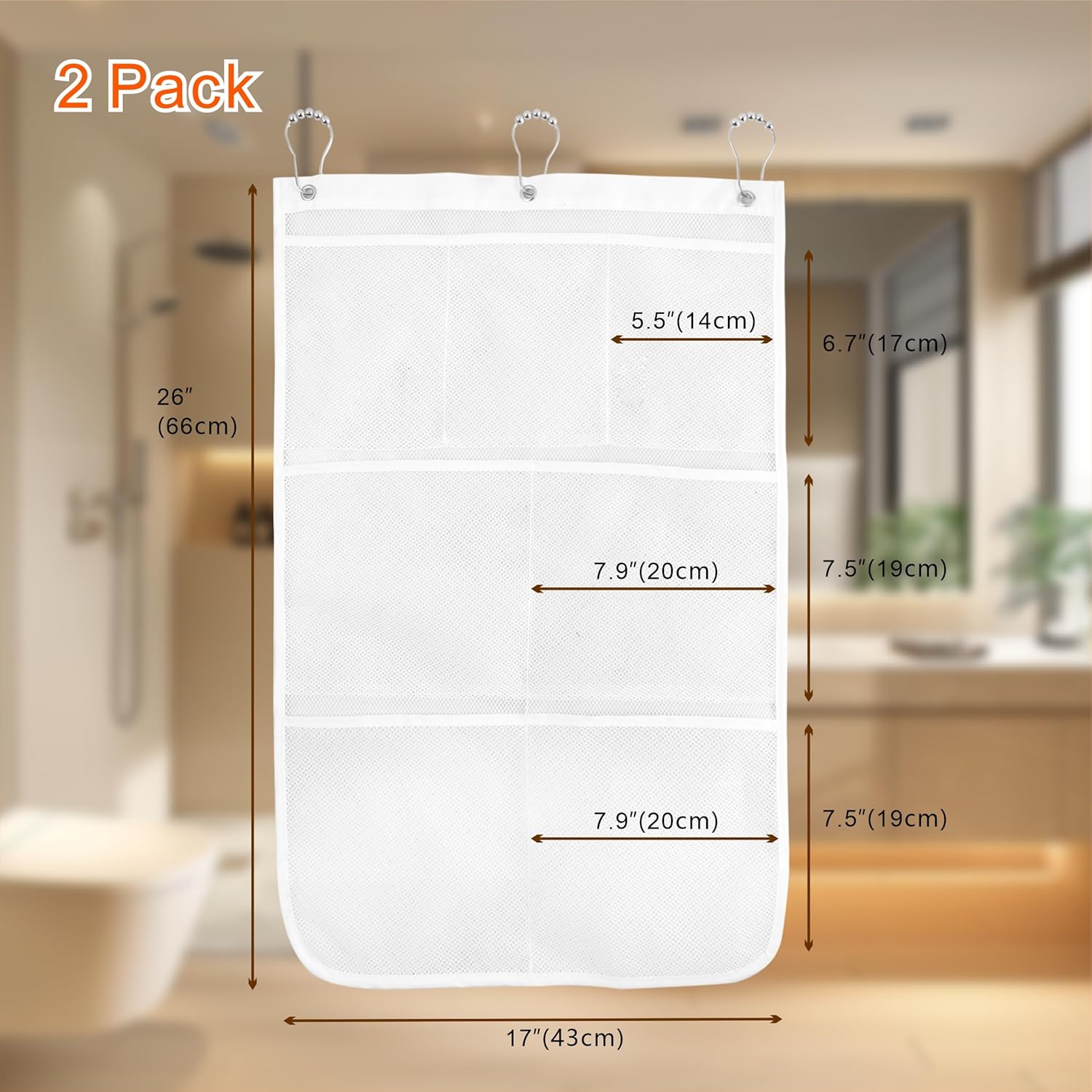 Armuzui 2 Pack Mesh Shower Caddy 7 Pockets 3 Hooks
