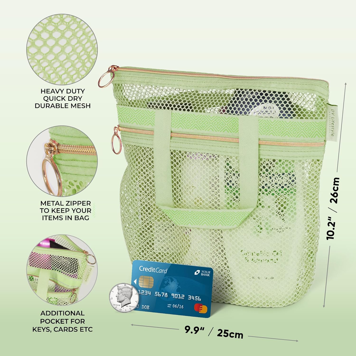 DV Lifestyle Mesh Shower Bag - Quick Dry Caddy with Zipper 2 Pockets