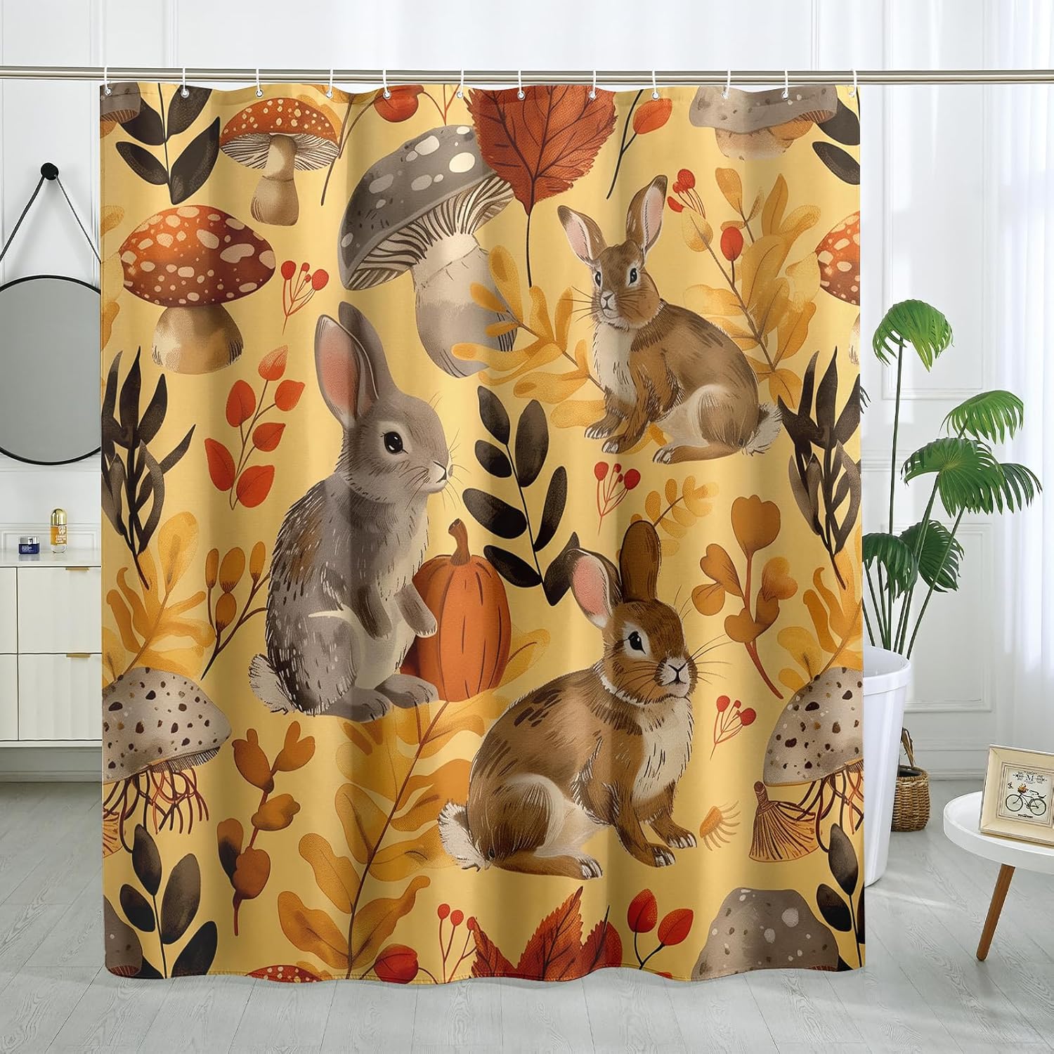 GDHBLING Fall Cartoon Rabbit Shower Curtain Set with 12 Hooks 1