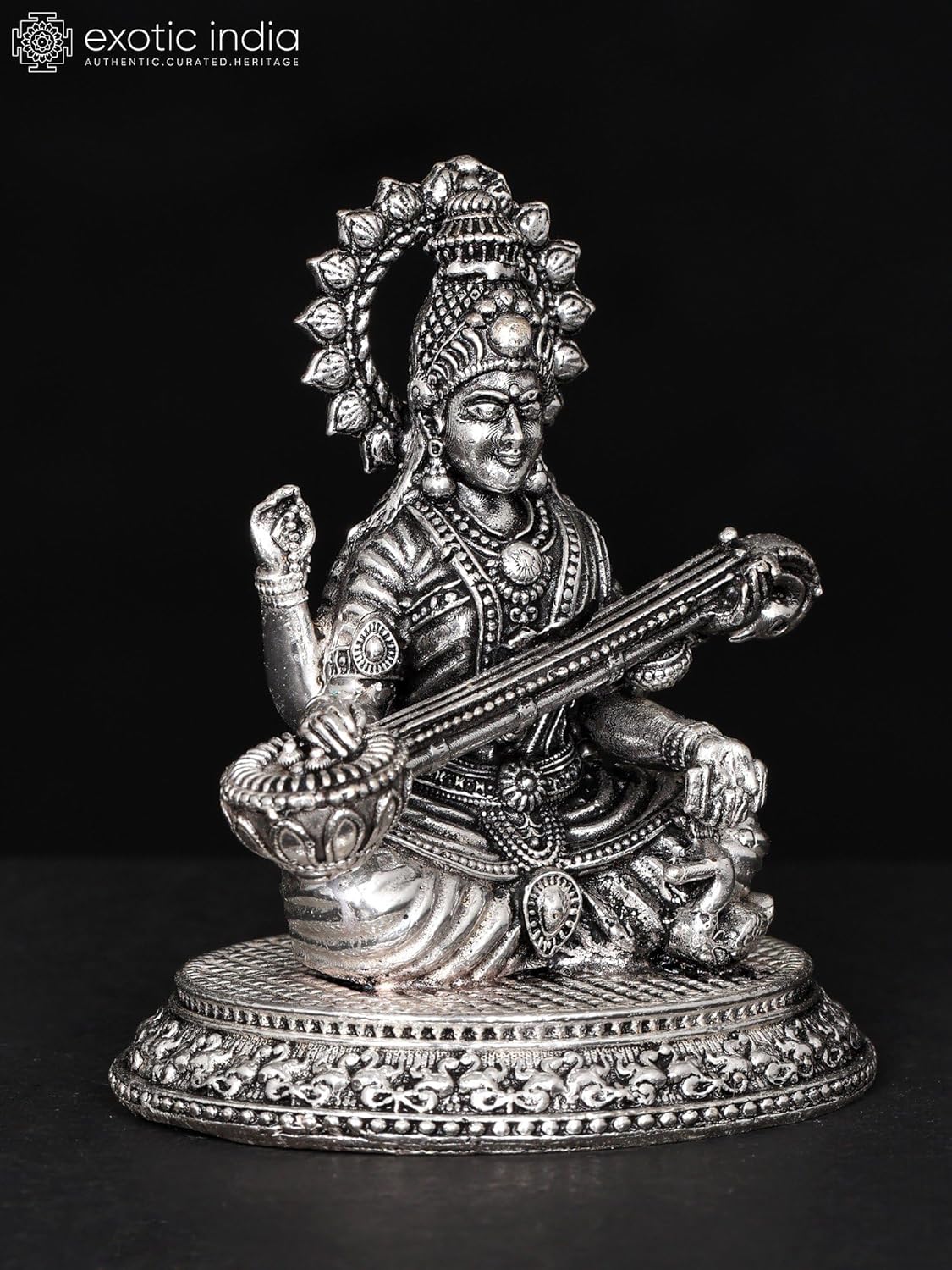 Devi Saraswati Veena Playing Silver Plated Brass Statue