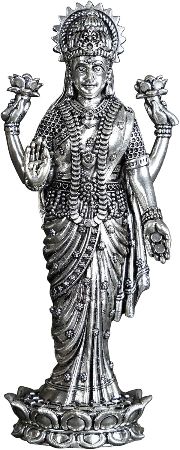 Superfine Brass Lakshmi Statue with Silver Plating Puja Room Decor