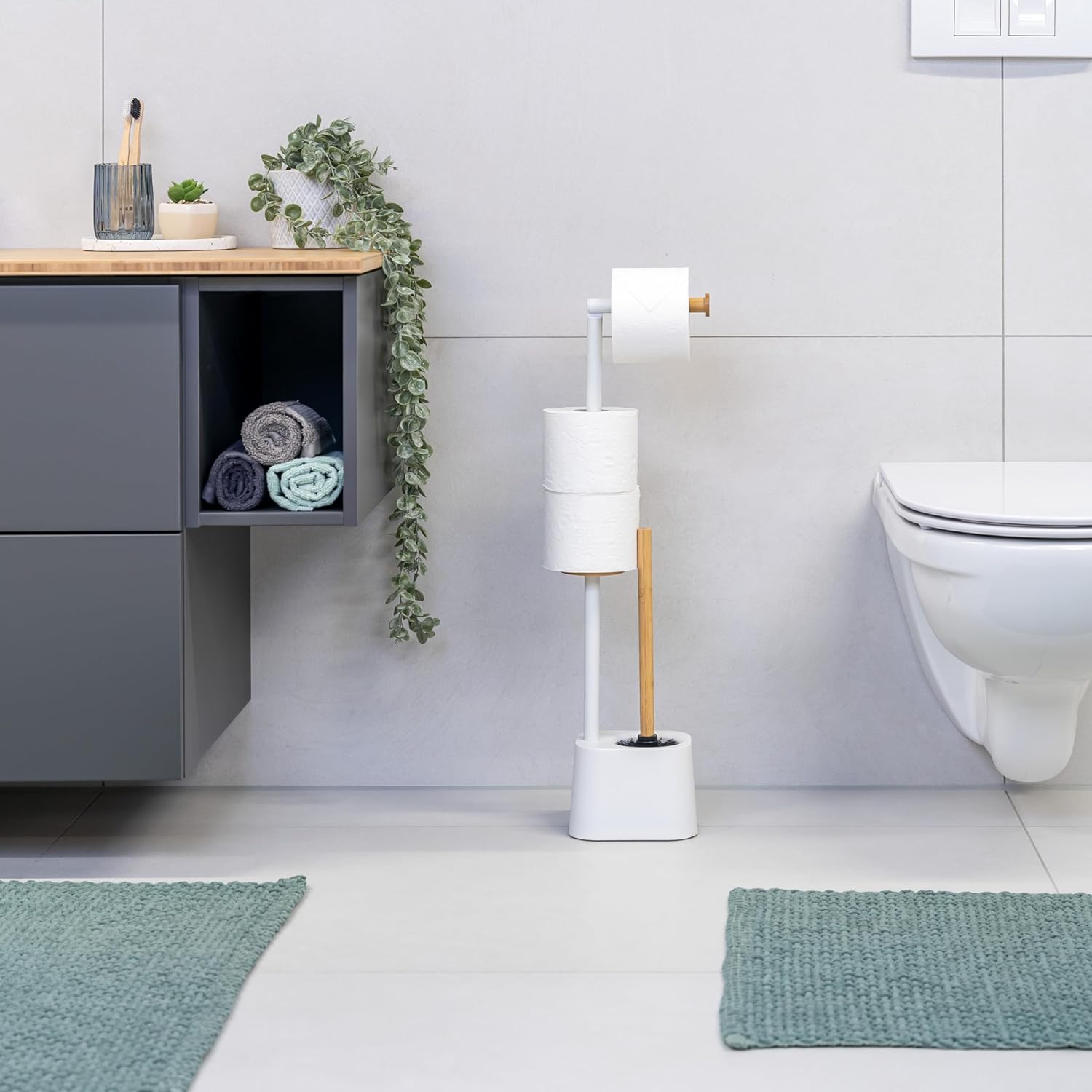 3-in-1 Toilet Brush with Roll Holder and Replacement Heads