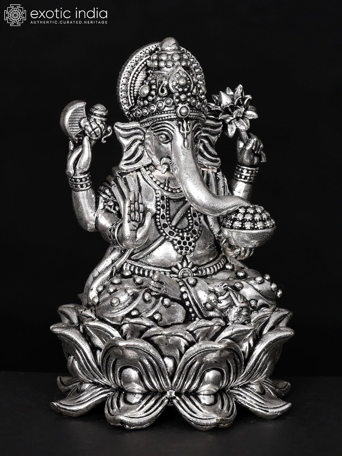 Exotic India Small Superfine Ganesha Seated on Lotus Silver Plated Brass Statue 1
