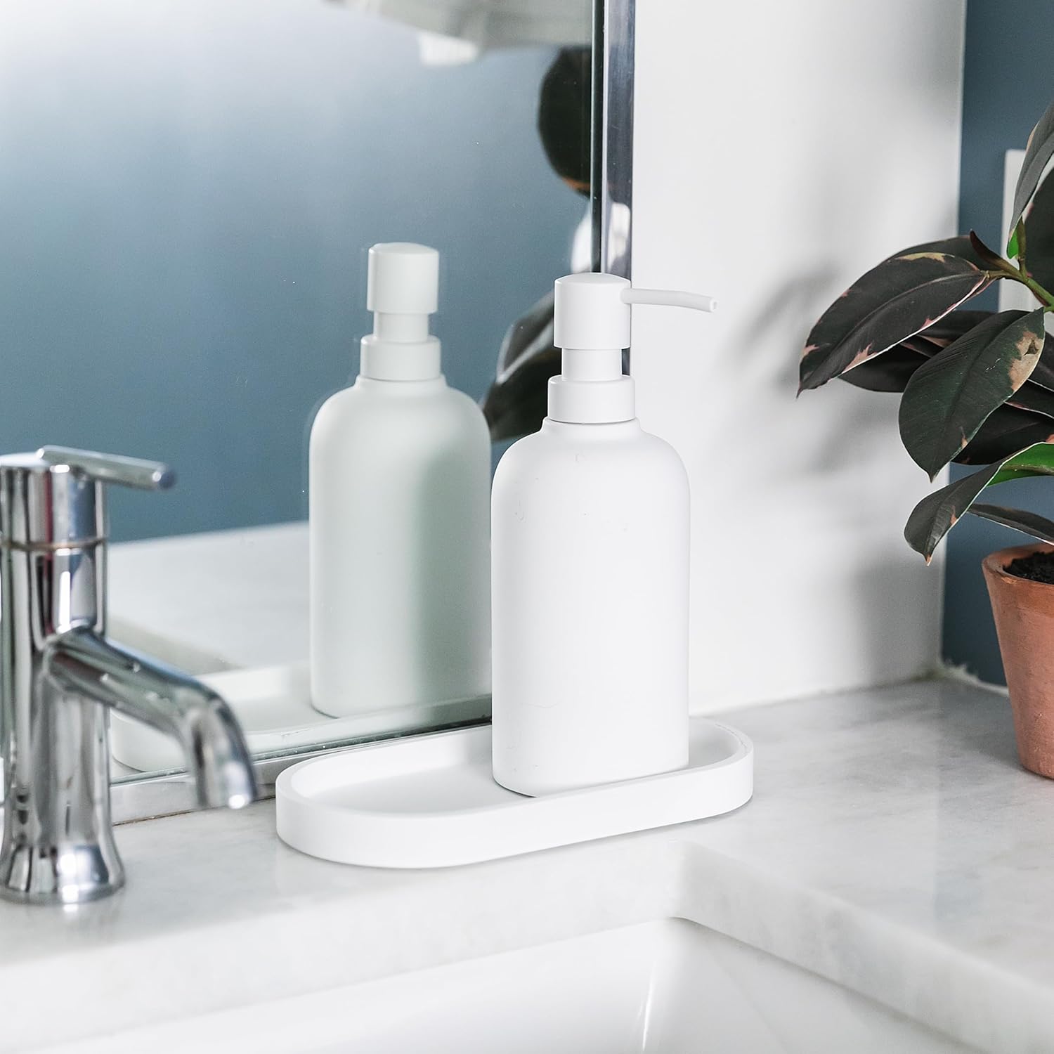 Matte White Round Soap Dispenser Tray Holds 2 Bottles