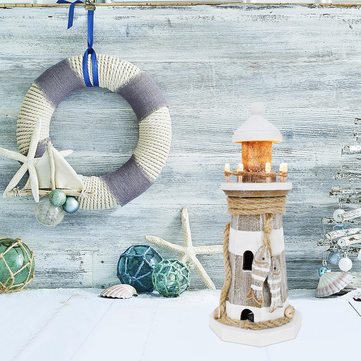 Wovorins Wooden Lighthouse with Lights 9 Inch