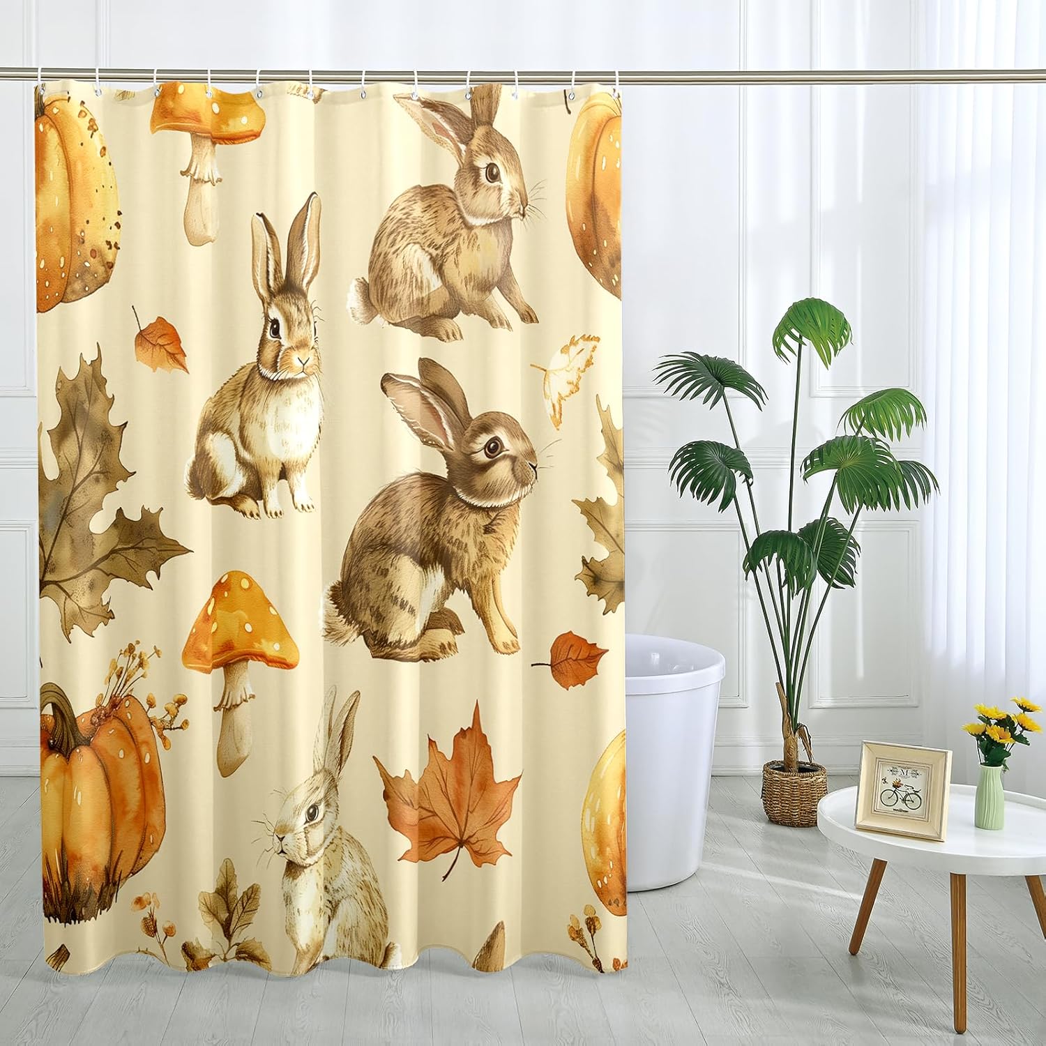 Fall Cartoon Rabbit Shower Curtain Set 72x78 Inch