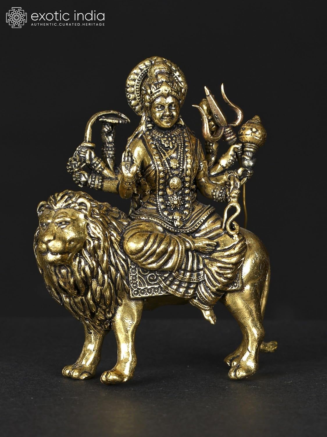 Exotic India Maa Sherawali Brass Statue 4-Armed Lion Rider